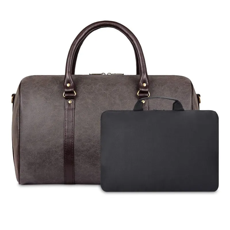 Combo: Lincoln Vegan Leather Duffel Bag & Rex Series 15.6 Laptop Sleeve | Spacious, Stylish | 29L | Ash Grey