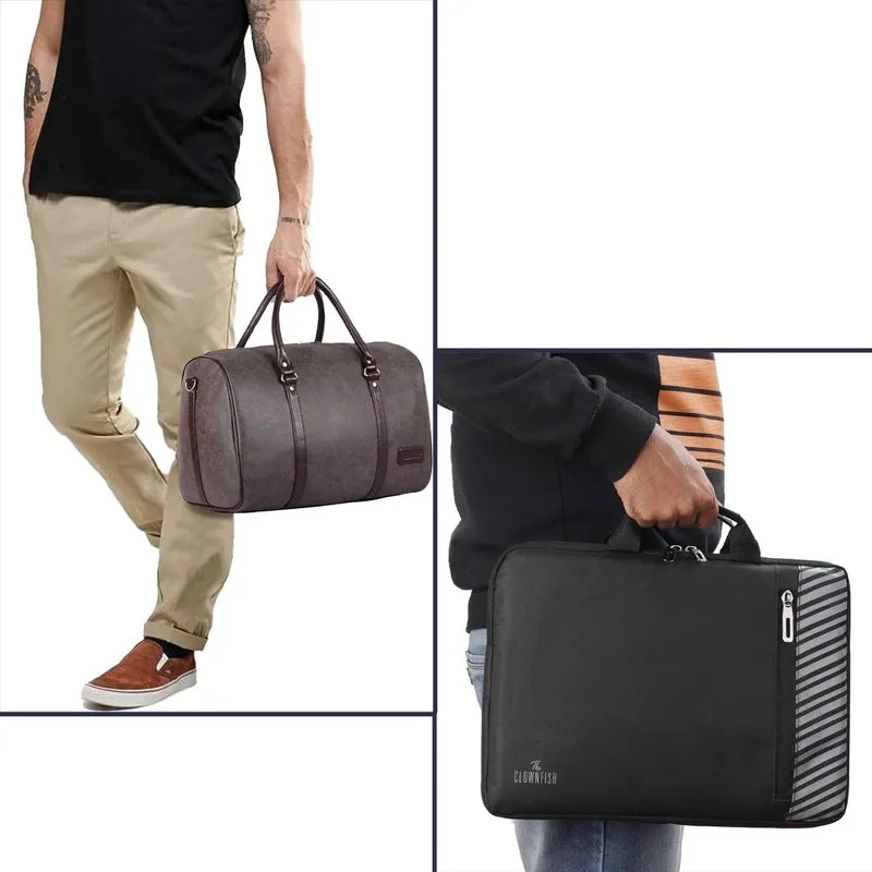 Combo: Lincoln Vegan Leather Duffel Bag & Rex Series 15.6 Laptop Sleeve | Spacious, Stylish | 29L | Ash Grey