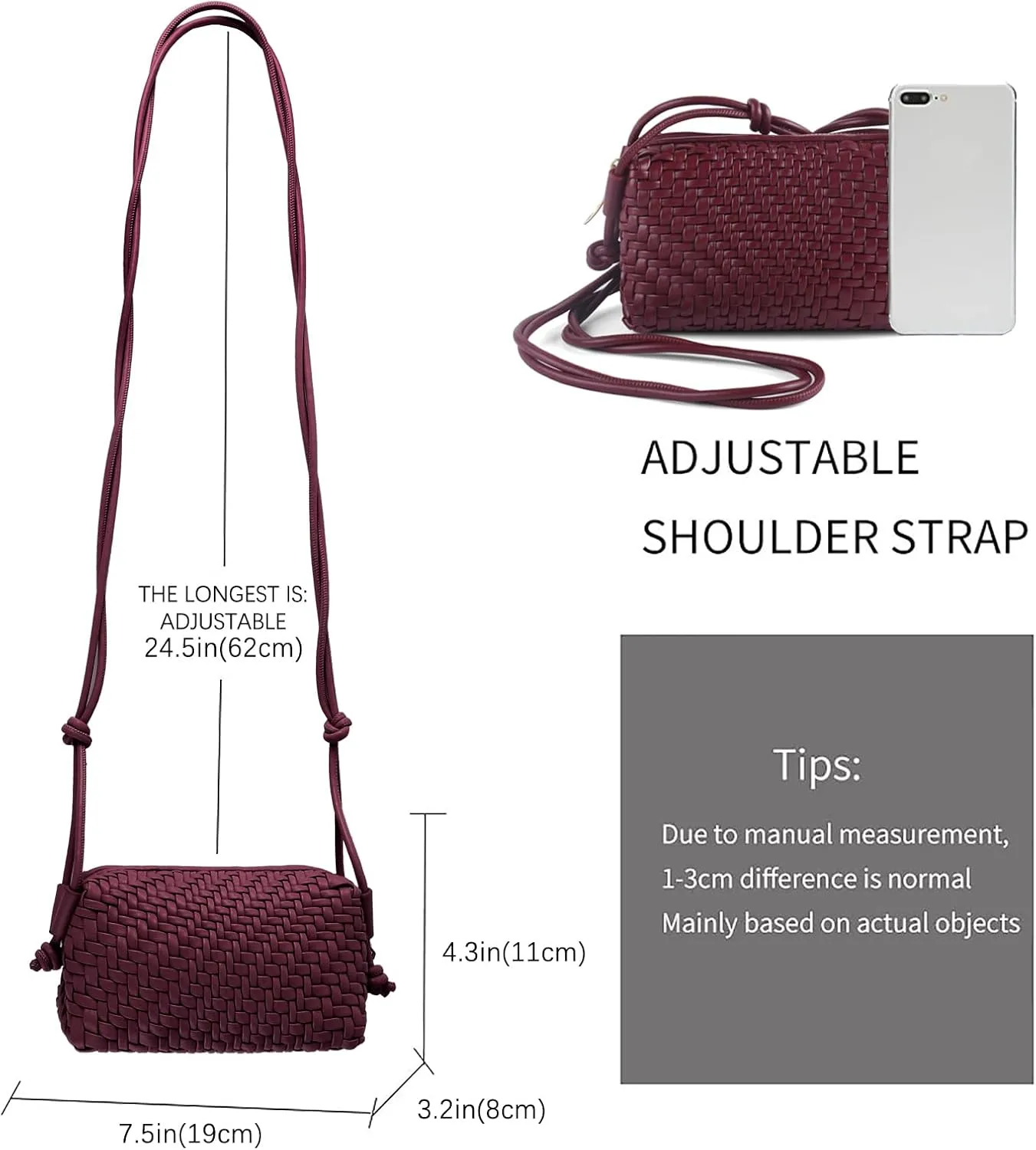 Crossbody Bag For Women Hand Woven Vegan Leather Zip Small Crossbody Bags Shoulder Bag Sling Cross Body Phone Purse