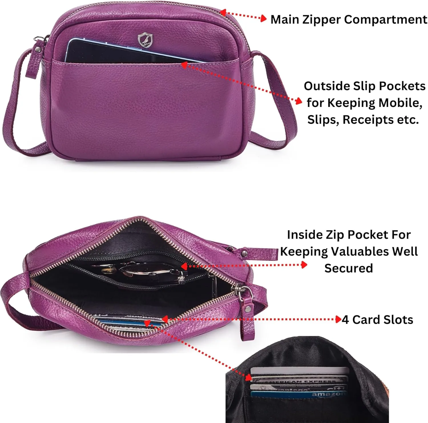 Crossbody Sling Bag for Women Trendy Real Leather Purse Mini Soft Pebbled Crossover with Card Case
