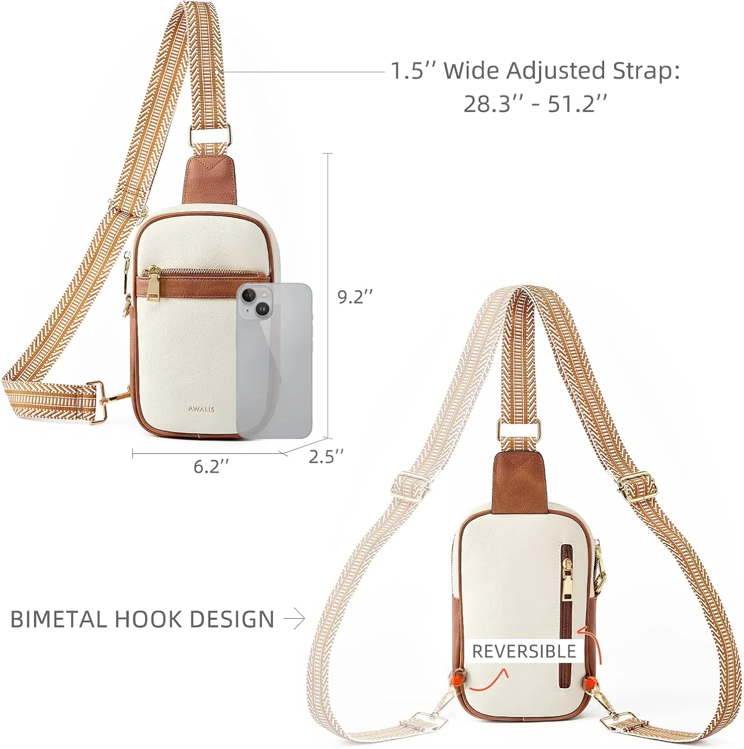 Crossbody Sling Bag for Women Vegan Leather Small Crossbody Purse Fanny Packs for Women Chest Bag with Guitar Strap, White