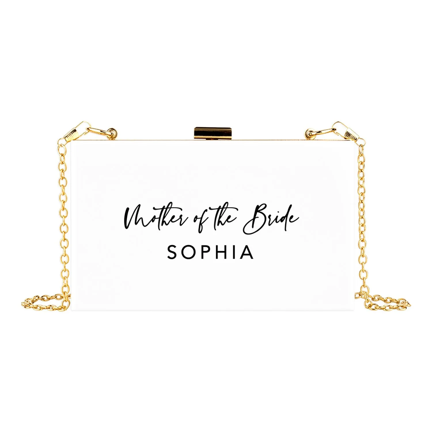Custom Acrylic Clutch Purse for Bride with Gold Removable Metal Chain - 18 Designs