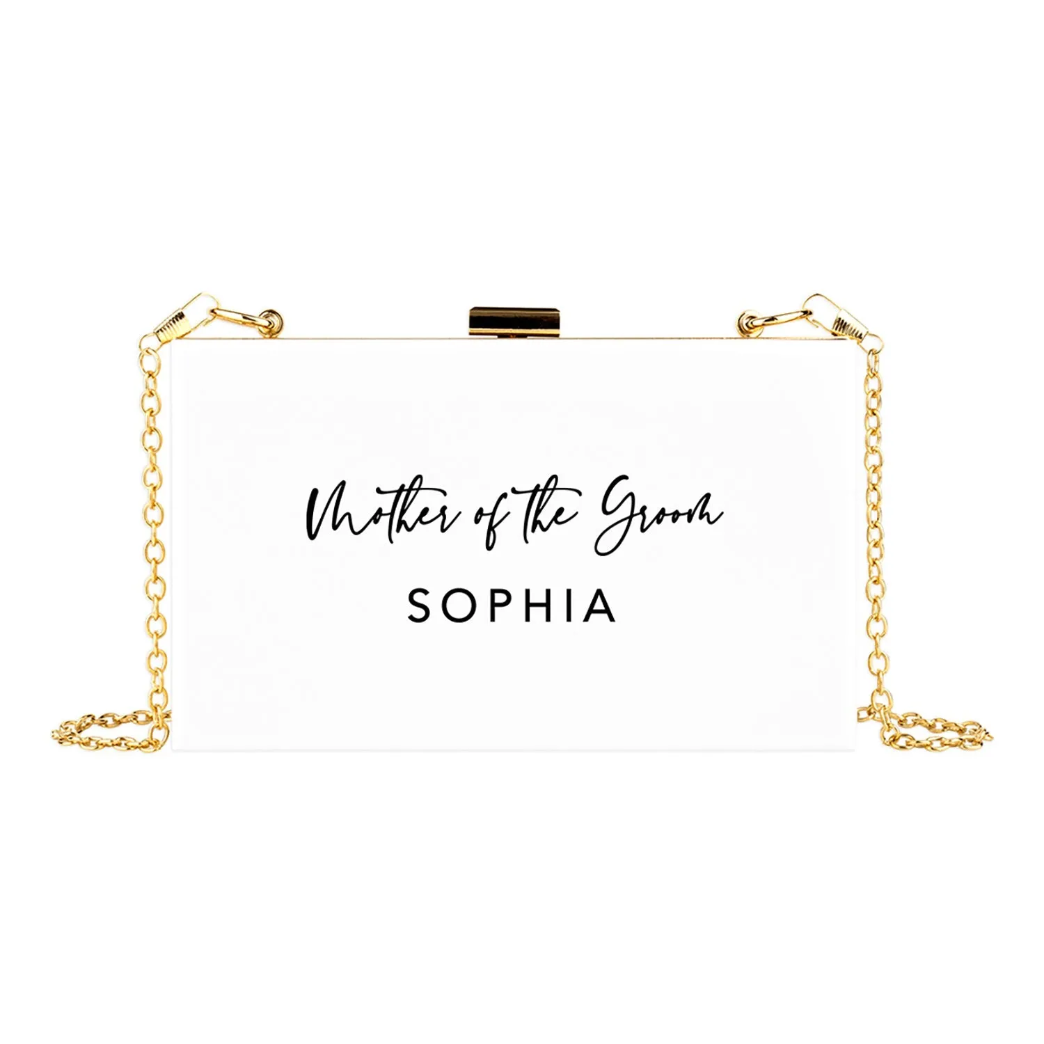 Custom Acrylic Clutch Purse for Bride with Gold Removable Metal Chain - 18 Designs