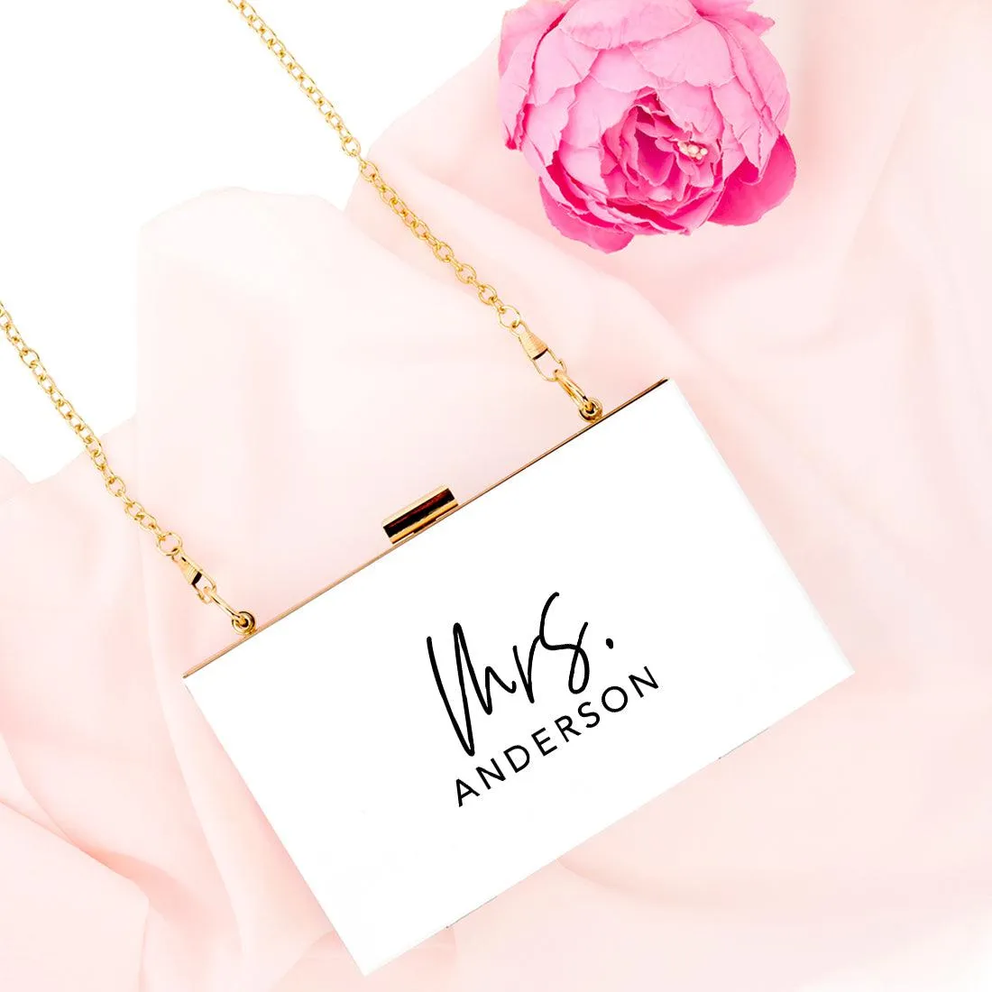 Custom Acrylic Clutch Purse for Bride with Gold Removable Metal Chain - 18 Designs