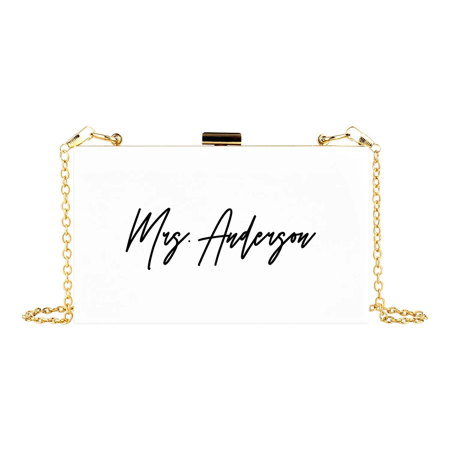 Custom Acrylic Clutch Purse for Bride with Gold Removable Metal Chain - 18 Designs