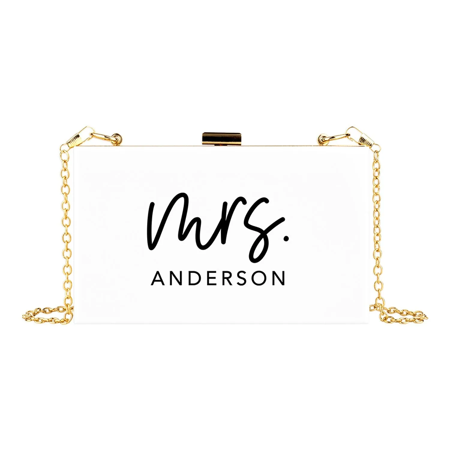 Custom Acrylic Clutch Purse for Bride with Gold Removable Metal Chain - 18 Designs
