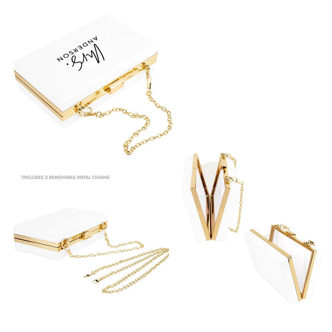 Custom Acrylic Clutch Purse for Bride with Gold Removable Metal Chain - 18 Designs