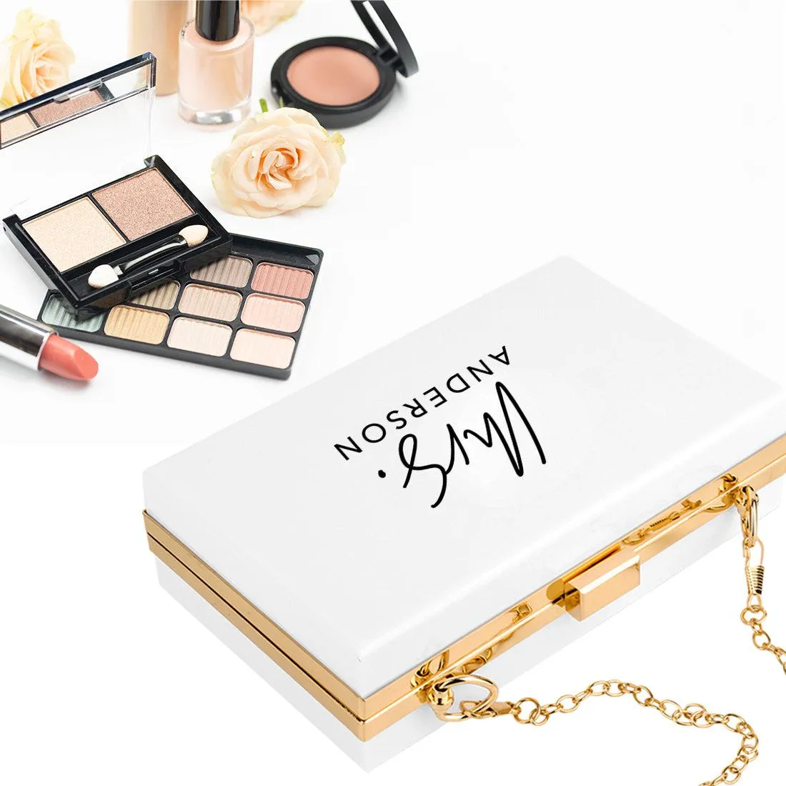 Custom Acrylic Clutch Purse for Bride with Gold Removable Metal Chain - 18 Designs