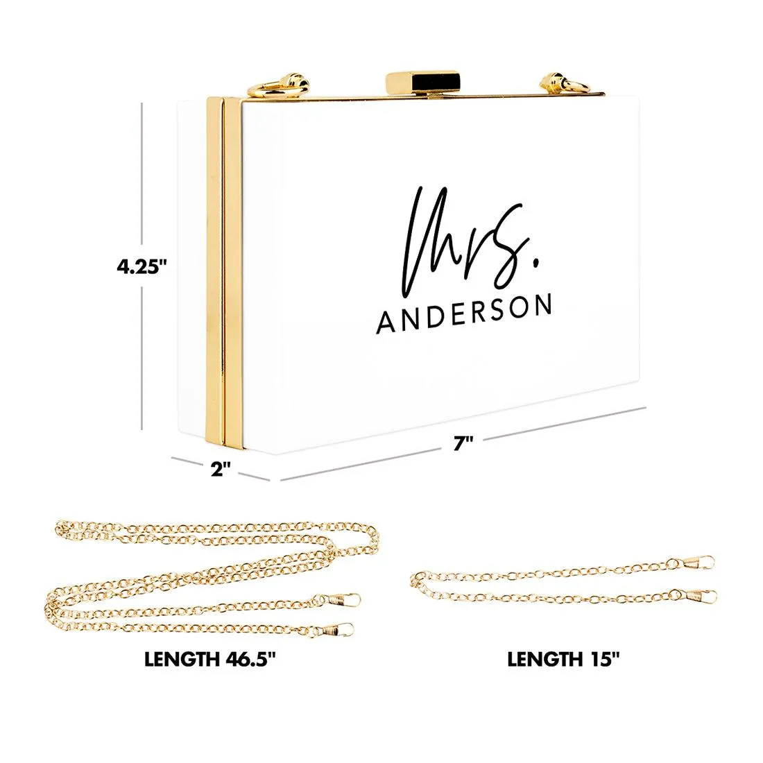 Custom Acrylic Clutch Purse for Bride with Gold Removable Metal Chain - 18 Designs