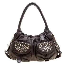 Dark Brown Leather Studded Satchel