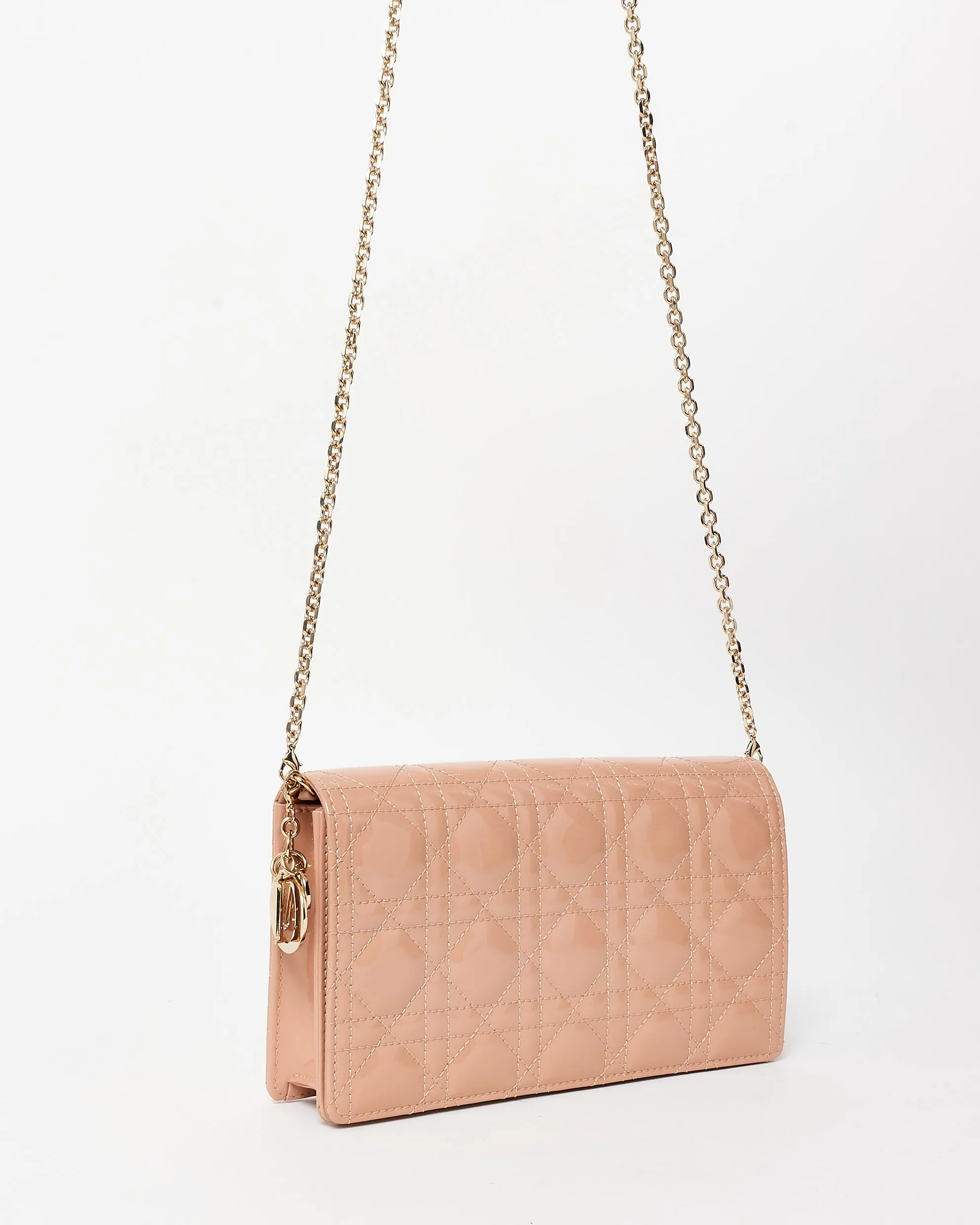 Dior Beige Patent Leather Lady Dior Pouch W/ Chain Crossbody Bag