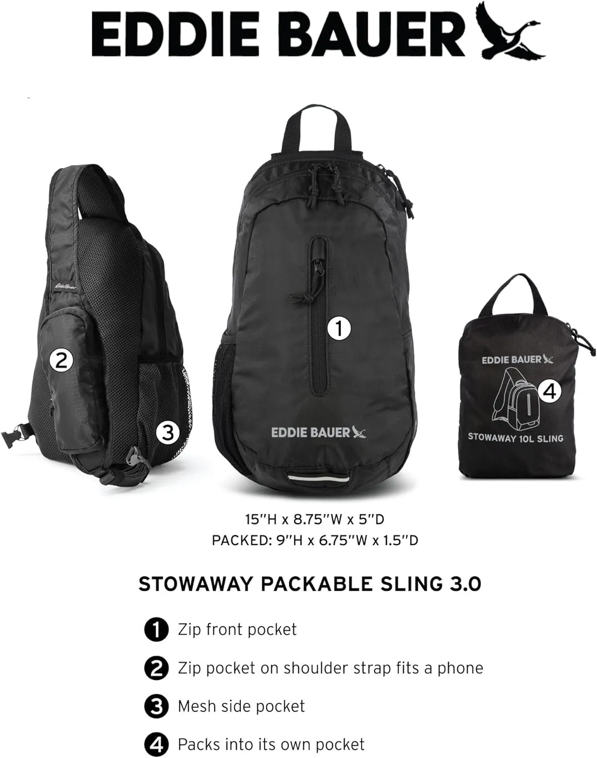 Eddie Bauer Stowaway Packable Sling Bag | Foldable | Travel | Outdoor | Lightweight | Compact | Everyday Carry | Ripstop Nylon | 10L - Tobacco