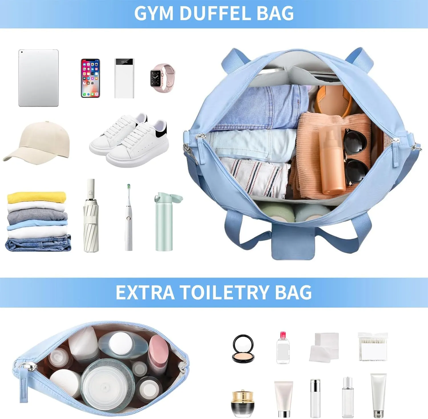 ETRONIK Gym Bag for Women, 47L Carry On Travel Duffel Bag with Shoes Compartment, Weekender Overnight Bag with Wet Pocket & USB Charging Port for Women, Travel, Gym, Weekend, Large Size (Blue)