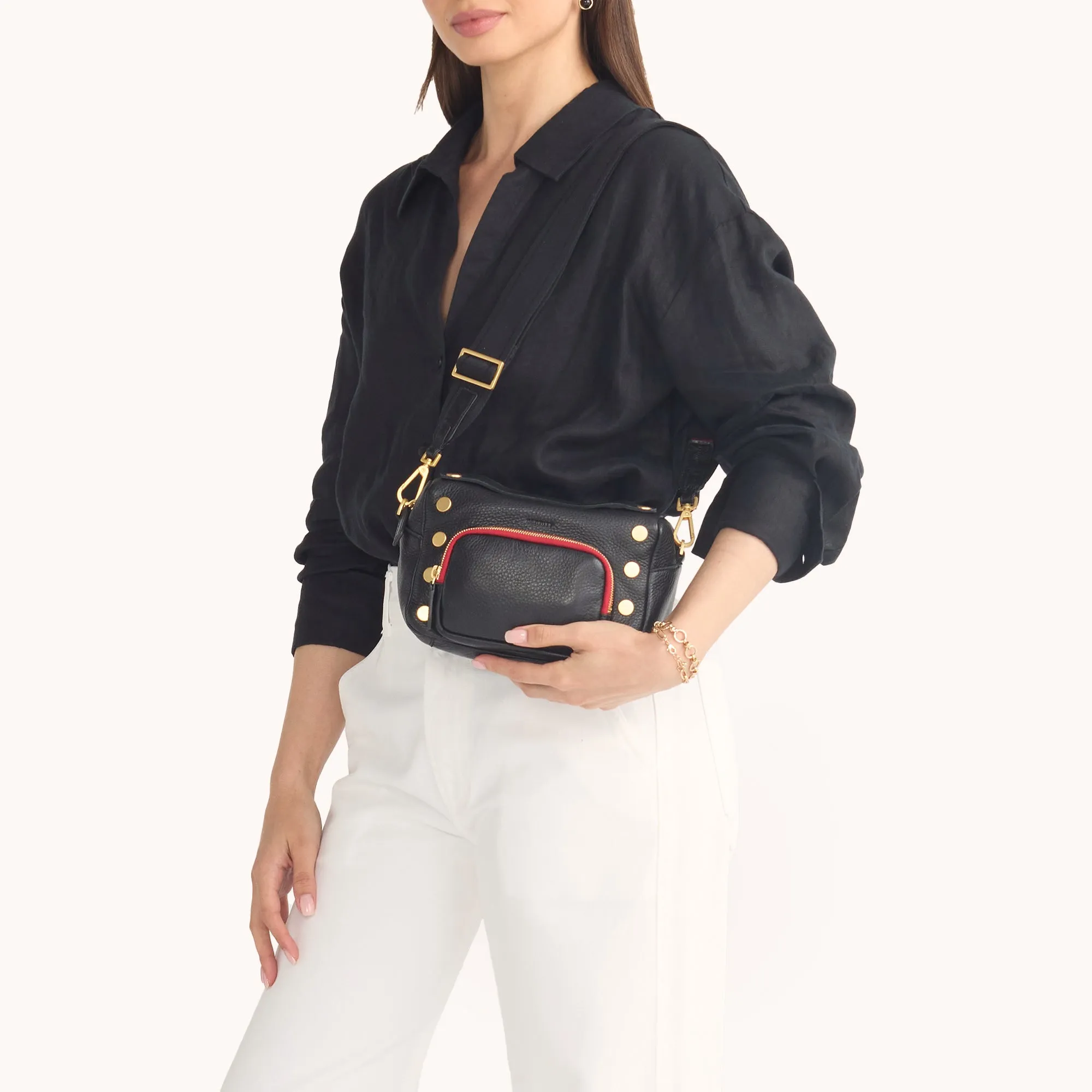 Evan Crossbody | Cargo Black/Brushed Gold Red Zip | Sml