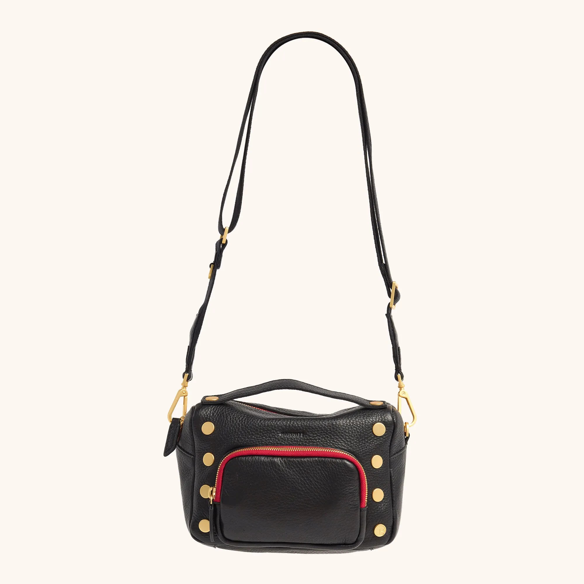 Evan Crossbody | Cargo Black/Brushed Gold Red Zip | Sml
