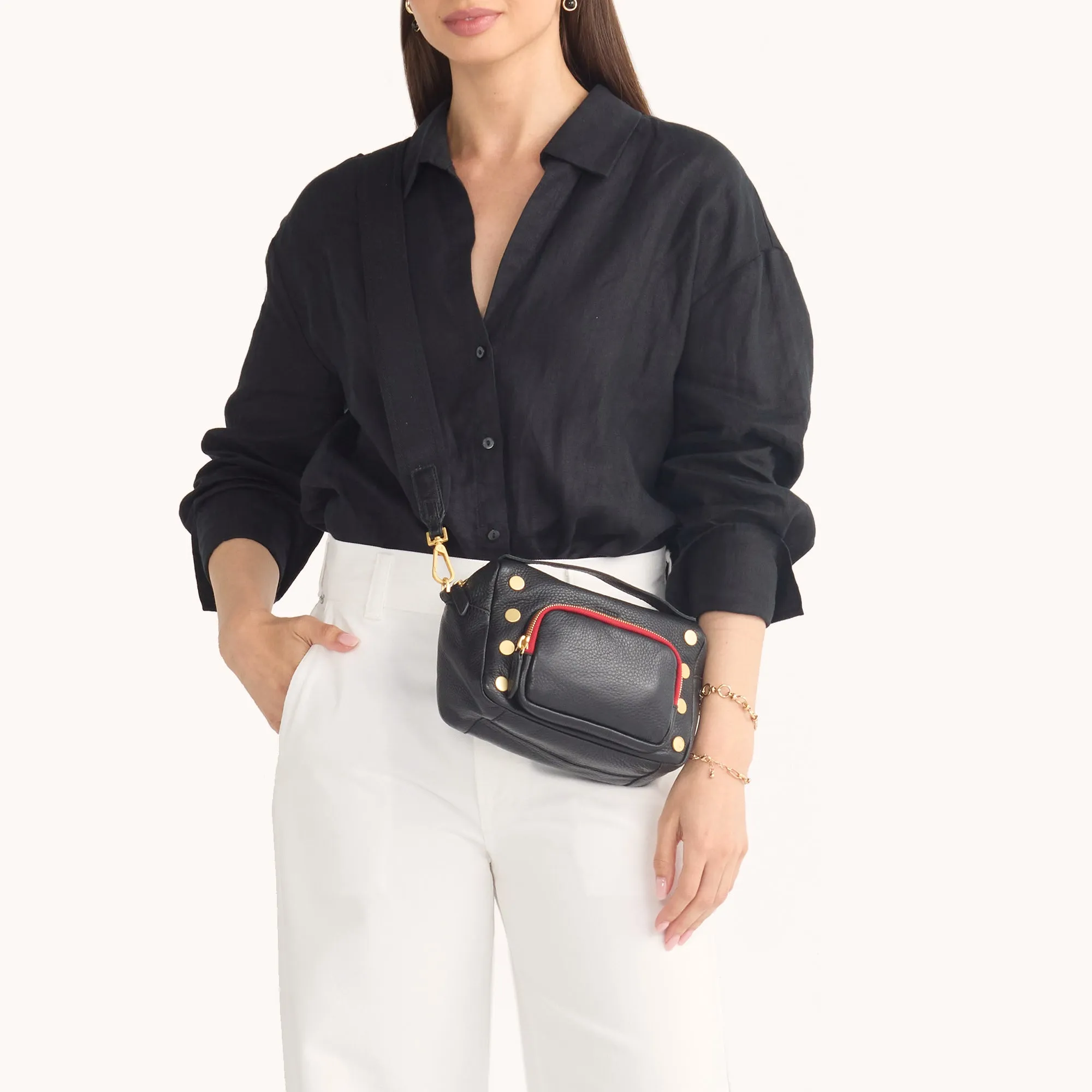 Evan Crossbody | Cargo Black/Brushed Gold Red Zip | Sml