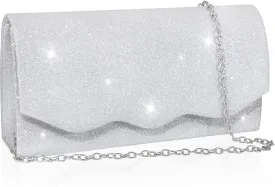 Evening Bag Clutch Purse for Women, Sparkling Formal Handbag with Crossbody Chain, Wave-Shape Silver Purse for Womens Ladies Girls, Small Cute Shoulder Bag for Wedding Prom Cocktail Party