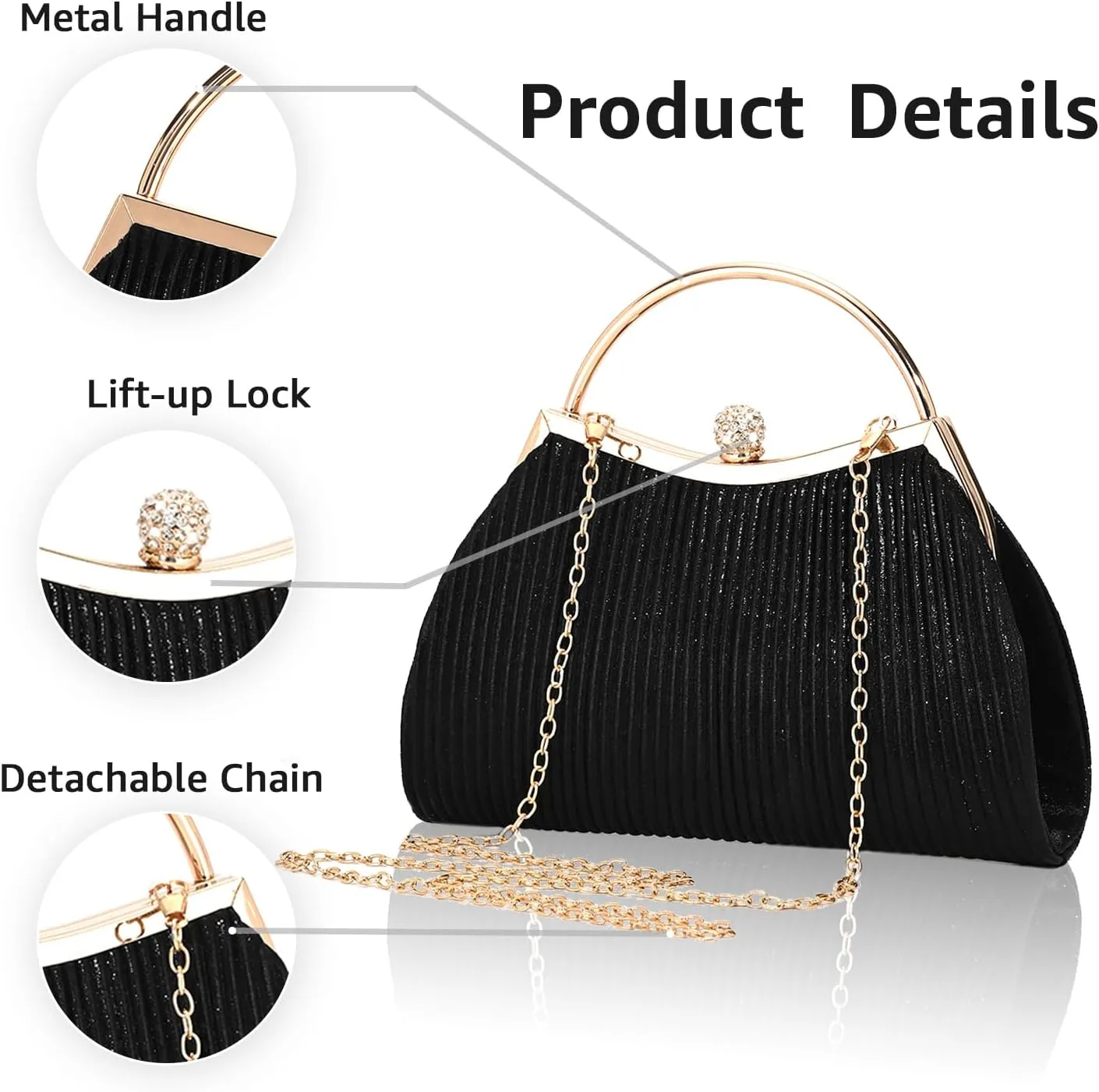 Evening Bag for Women Sparkly Handbag with Chain, Women's Shoulder Bag Pleated Clutch Purse for Wedding, Prom, Party