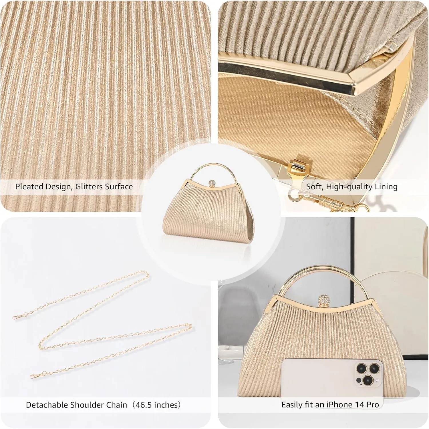 Evening Bag for Women Sparkly Handbag with Chain, Women's Shoulder Bag Pleated Clutch Purse for Wedding, Prom, Party