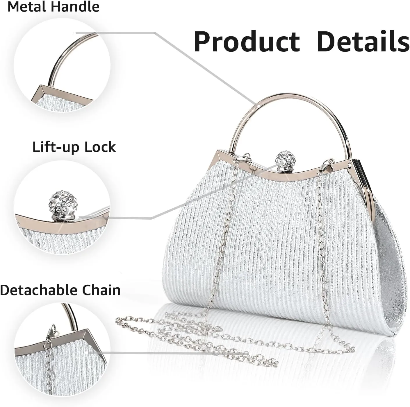 Evening Bag for Women Sparkly Handbag with Chain, Women's Shoulder Bag Pleated Clutch Purse for Wedding, Prom, Party