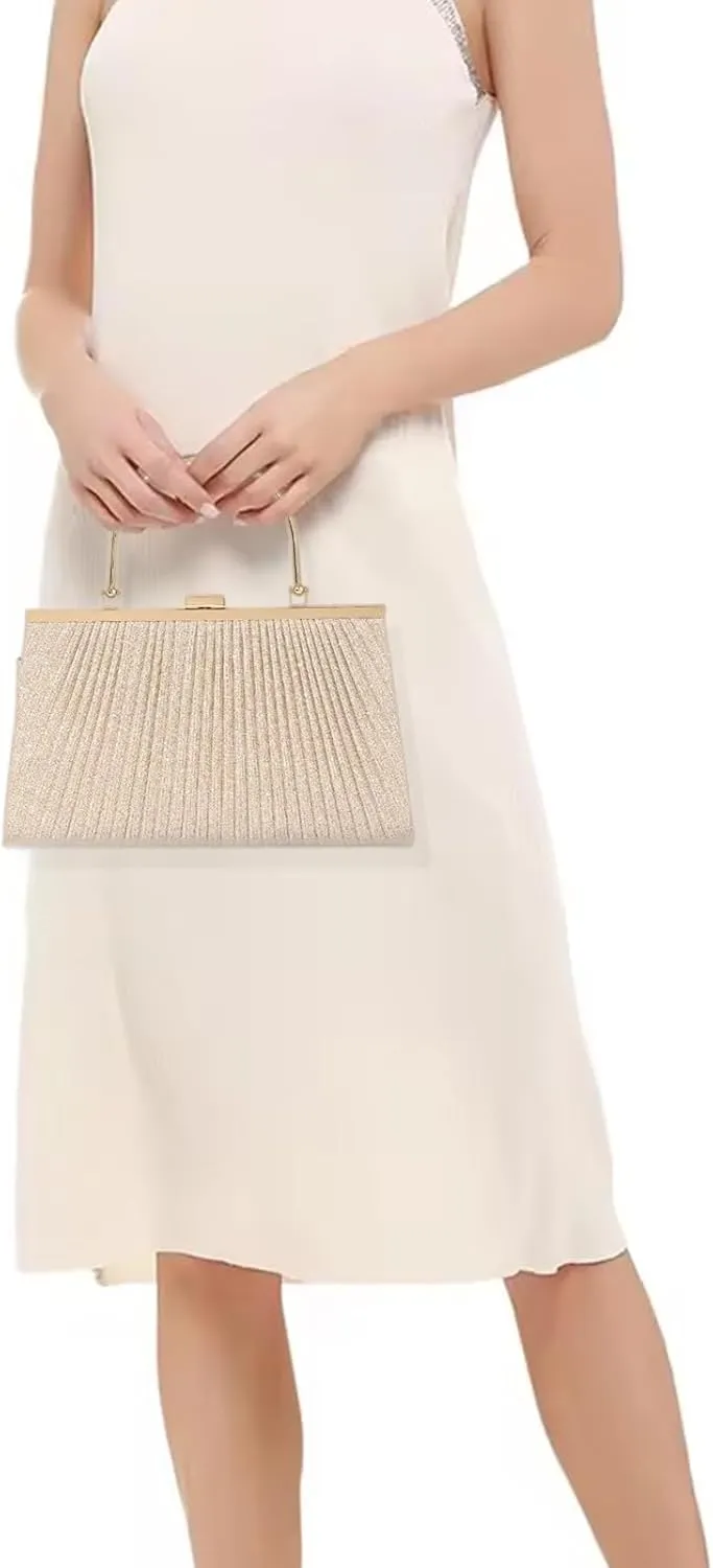 Evening Bag for Women Sparkly Handbag with Chain, Women's Shoulder Bag Pleated Clutch Purse for Wedding, Prom, Party