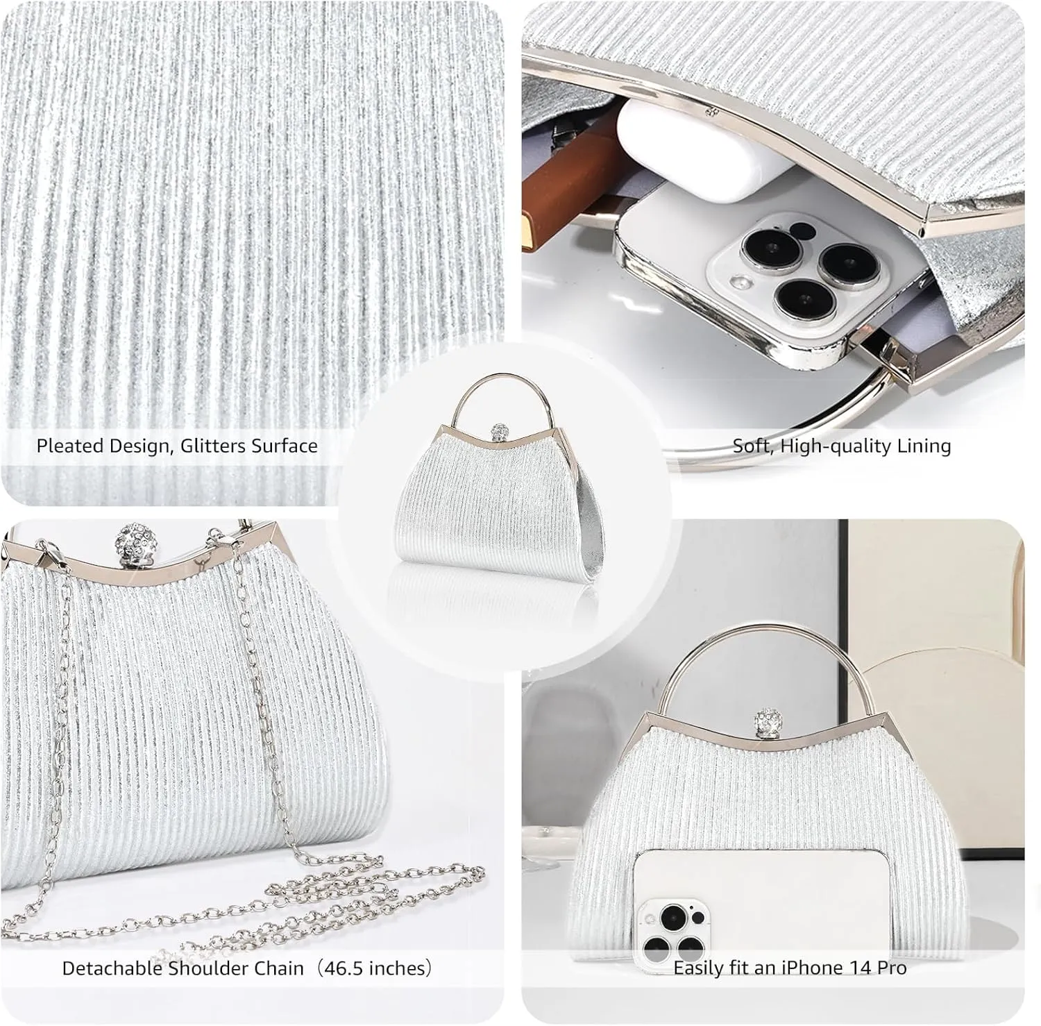 Evening Bag for Women Sparkly Handbag with Chain, Women's Shoulder Bag Pleated Clutch Purse for Wedding, Prom, Party