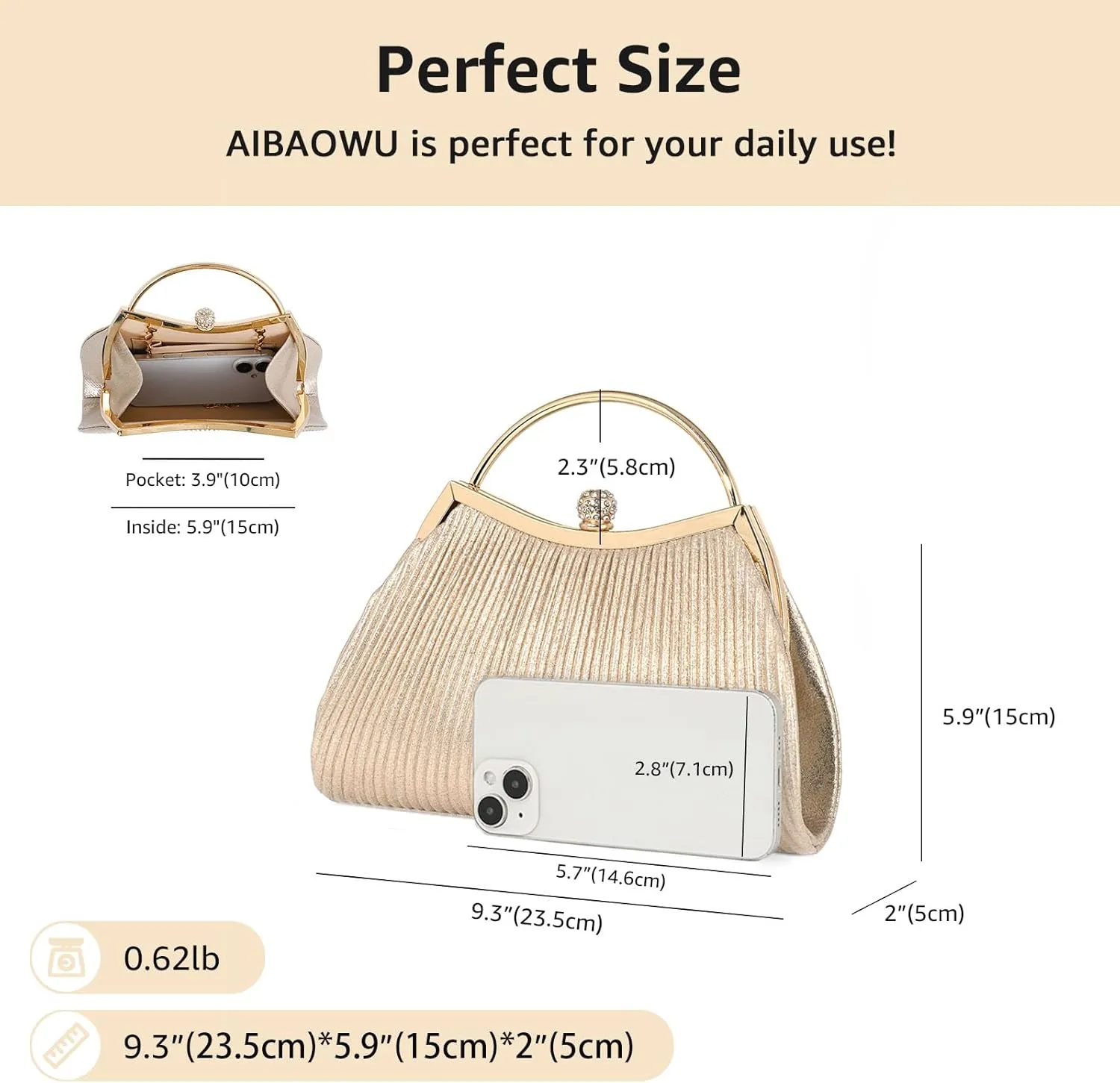 Evening Bag for Women Sparkly Handbag with Chain, Women's Shoulder Bag Pleated Clutch Purse for Wedding, Prom, Party