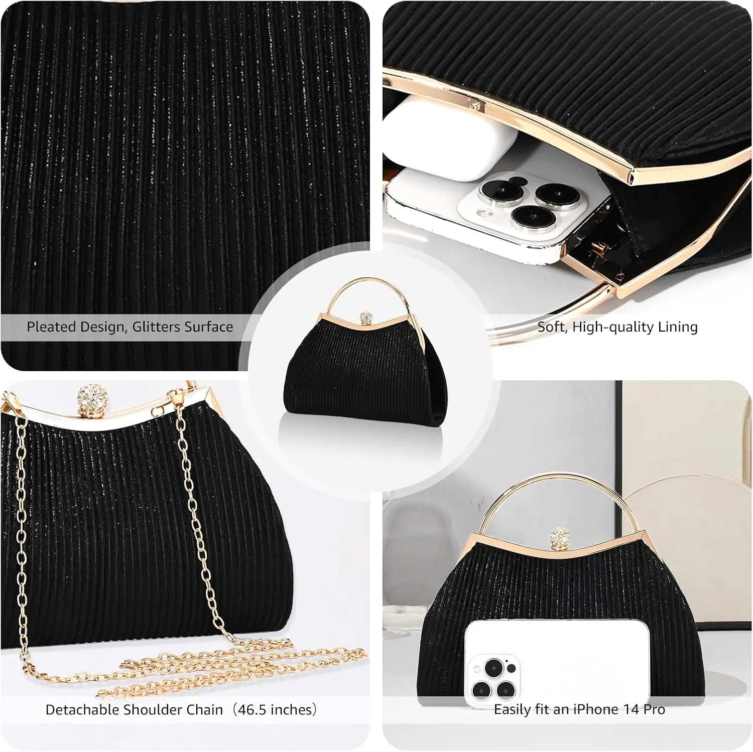 Evening Bag for Women Sparkly Handbag with Chain, Women's Shoulder Bag Pleated Clutch Purse for Wedding, Prom, Party