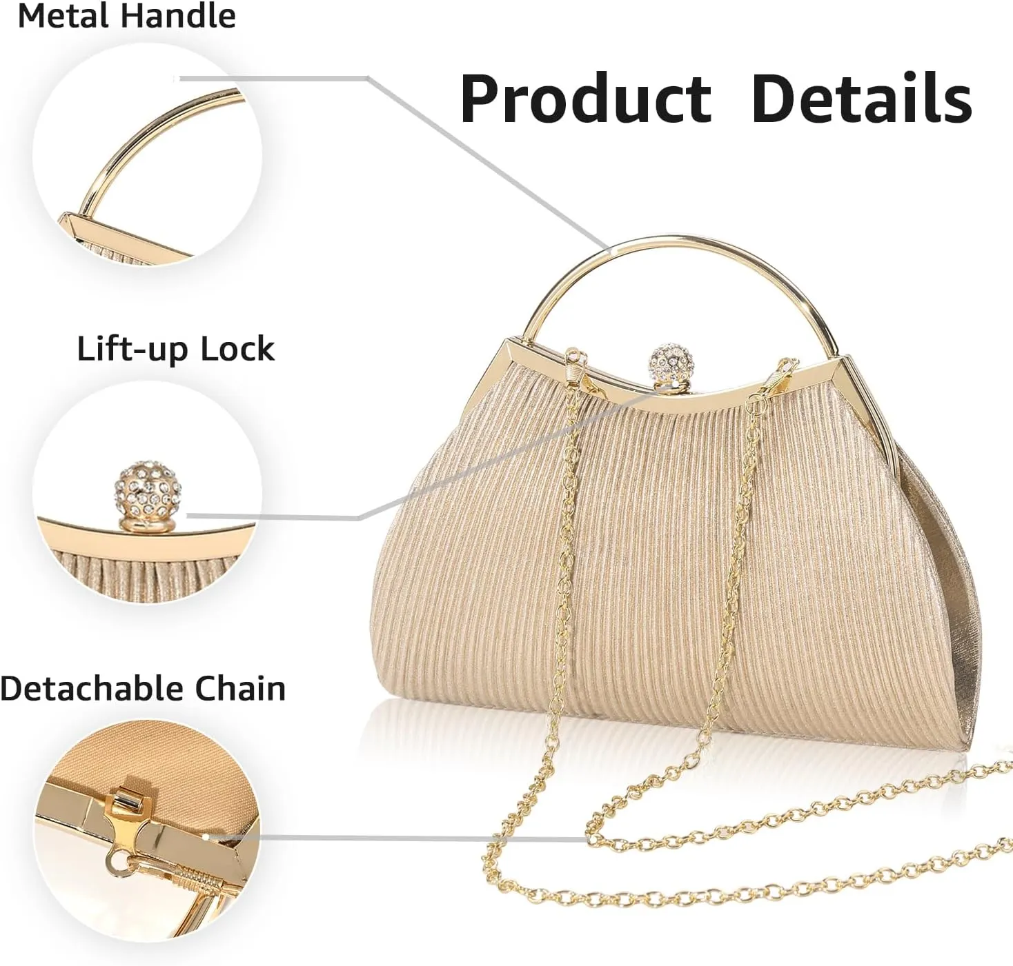 Evening Bag for Women Sparkly Handbag with Chain, Women's Shoulder Bag Pleated Clutch Purse for Wedding, Prom, Party