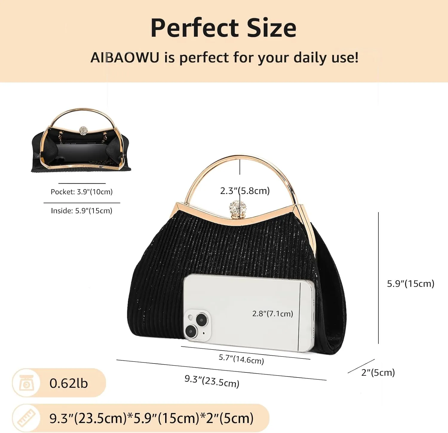 Evening Bag for Women Sparkly Handbag with Chain, Women's Shoulder Bag Pleated Clutch Purse for Wedding, Prom, Party