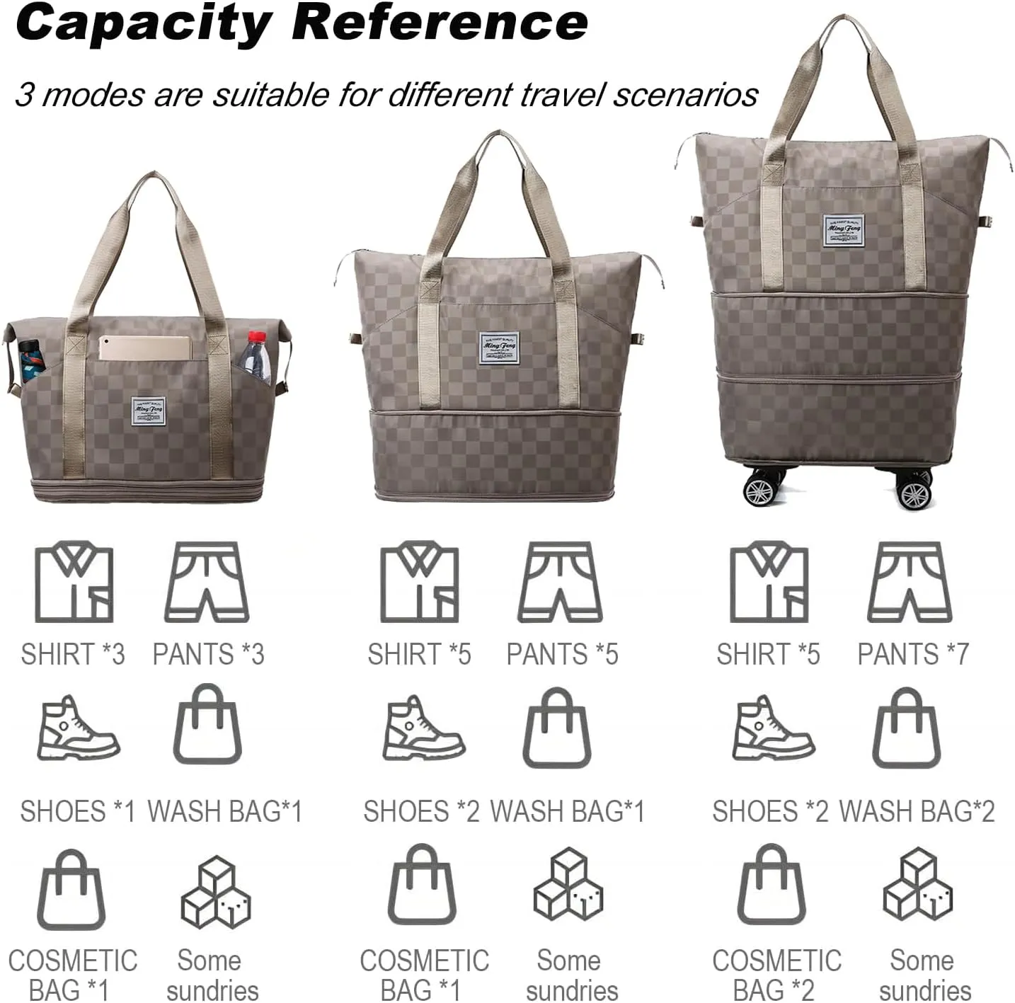 Expandable Foldable Duffel Bag Suitcases,Detachable Rolling Wheels,Rolling Duffle Bag with Wheels,Suitcases with Wheels,Carry on Luggage,for Men Women Lightweight Suitcases (Khaki)