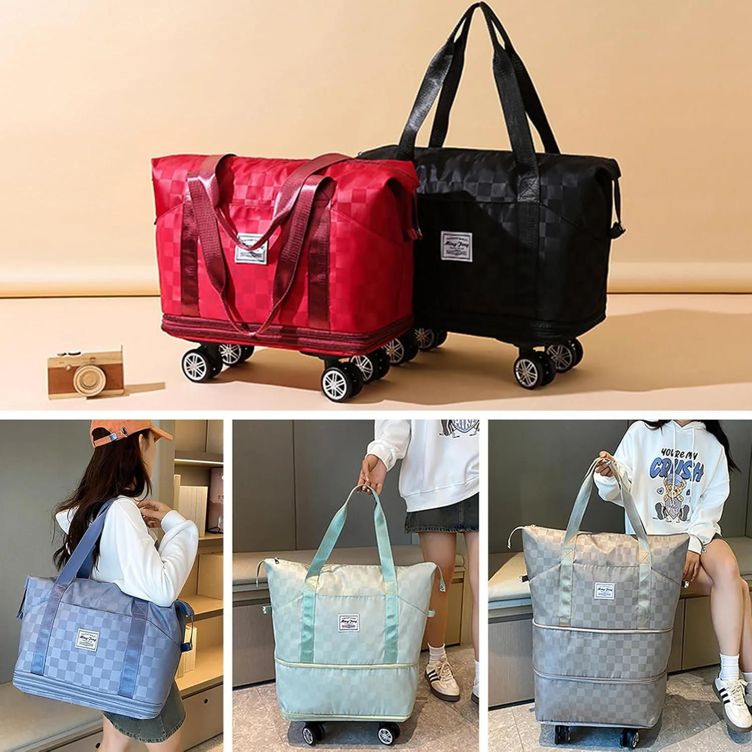 Expandable Foldable Duffel Bag Suitcases,Detachable Rolling Wheels,Rolling Duffle Bag with Wheels,Suitcases with Wheels,Carry on Luggage,for Men Women Lightweight Suitcases (Khaki)
