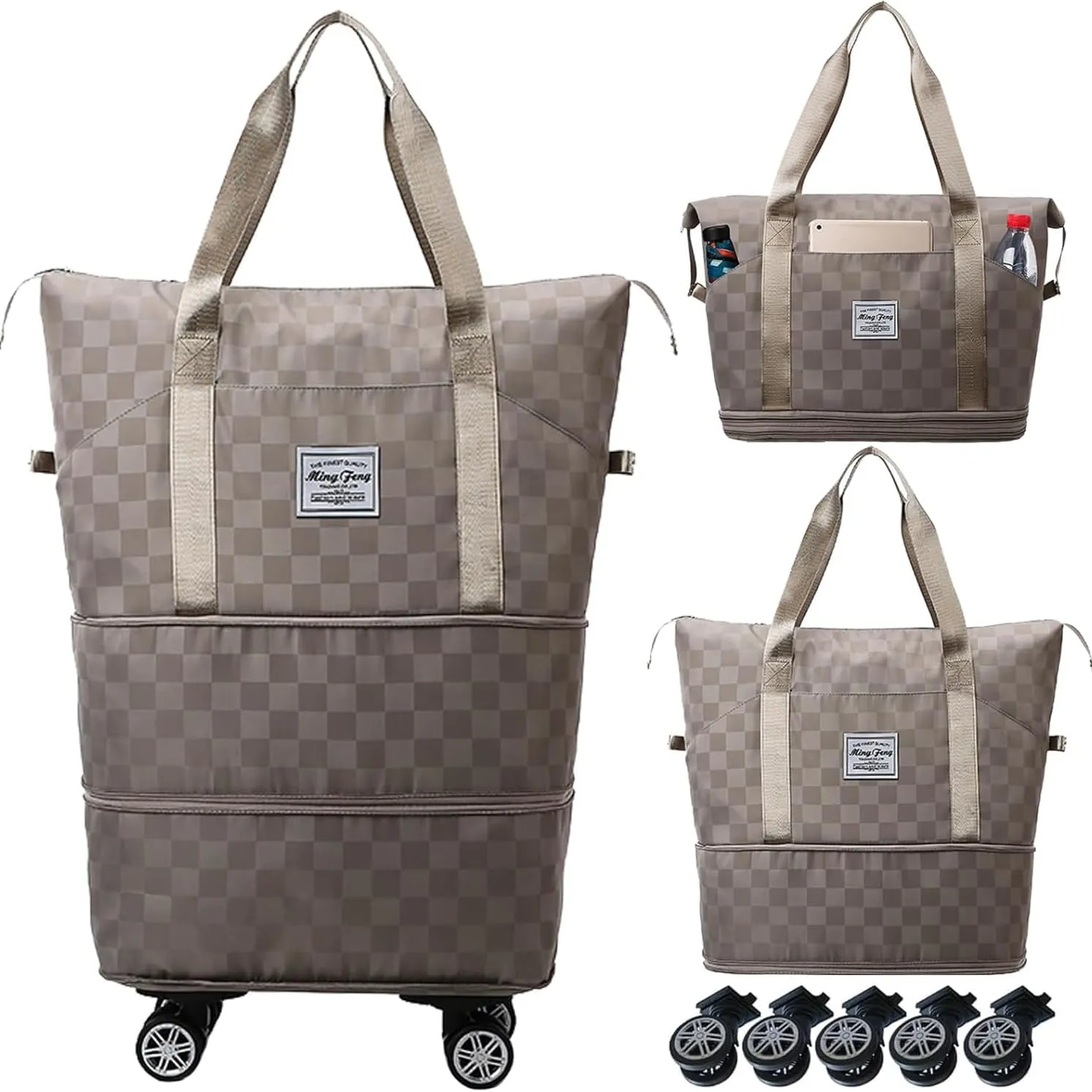 Expandable Foldable Duffel Bag Suitcases,Detachable Rolling Wheels,Rolling Duffle Bag with Wheels,Suitcases with Wheels,Carry on Luggage,for Men Women Lightweight Suitcases (Khaki)