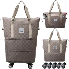 Expandable Foldable Duffel Bag Suitcases,Detachable Rolling Wheels,Rolling Duffle Bag with Wheels,Suitcases with Wheels,Carry on Luggage,for Men Women Lightweight Suitcases (Khaki)