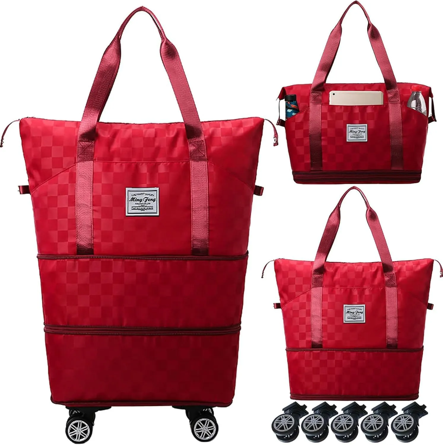 Expandable Foldable Duffel Bag Suitcases,Detachable Rolling Wheels,Rolling Duffle Bag with Wheels,Suitcases with Wheels,Carry on Luggage,Gift for Men Women Lightweight Suitcases (Red)