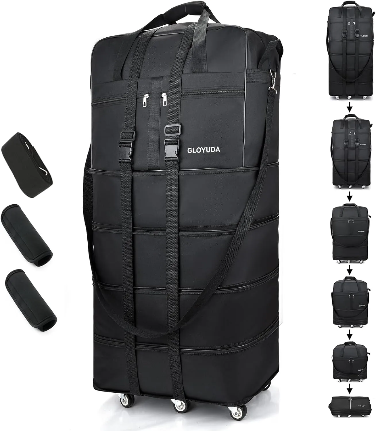 Expandable Foldable Luggage, 42'' Suitcase With Spinner Wheels, Rolling Duffel Travel Bag, Collapsible Luggage, With 2 Suitcase Handle Wrap and 2 Fixing Straps, 1 Shoulder Strap (Jet Black)