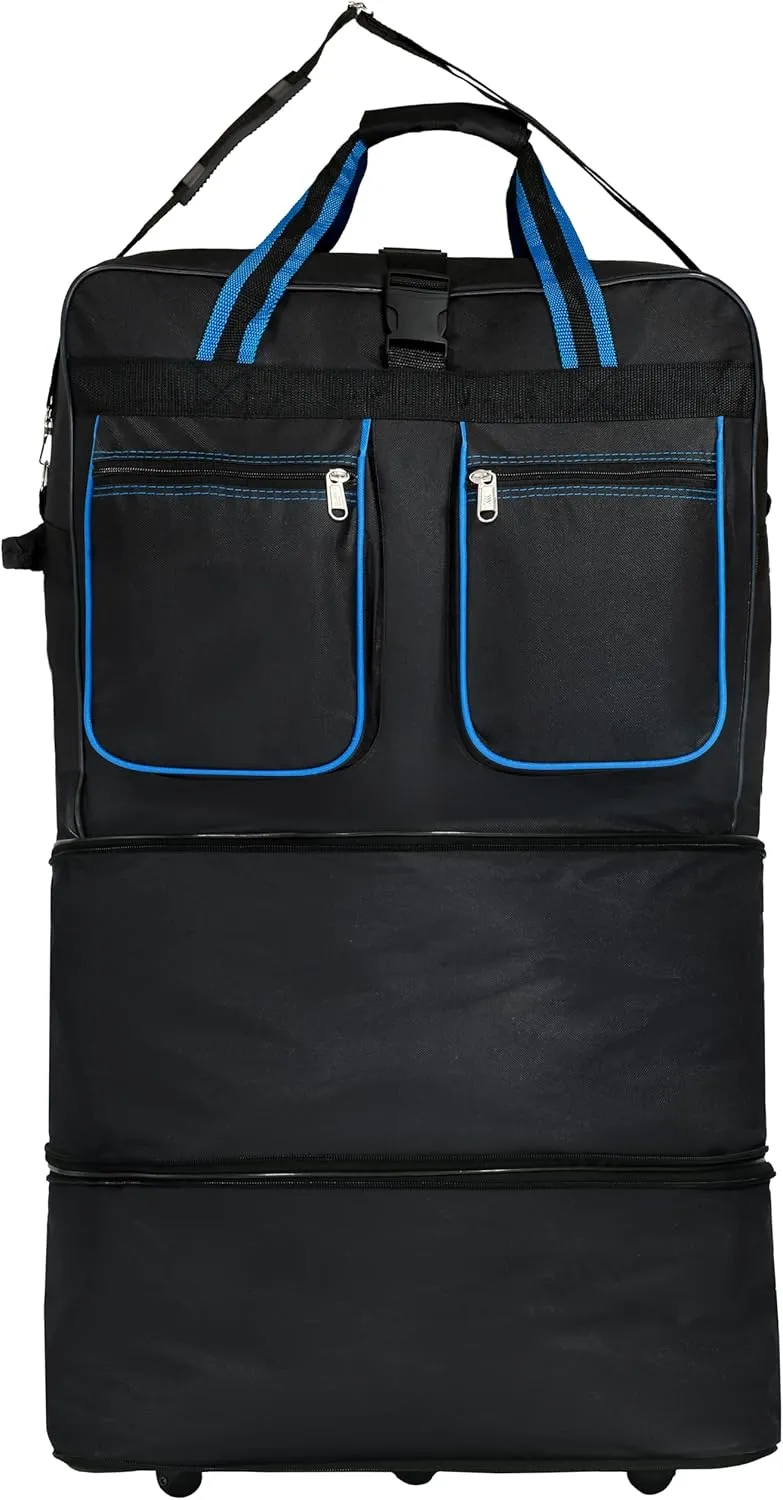 Expandable Lightweight Duffle Bag (40"") Rolling wheeled Spinner Suitcase Luggage for Travel and Storage (Blue Trim), BLK1PK40