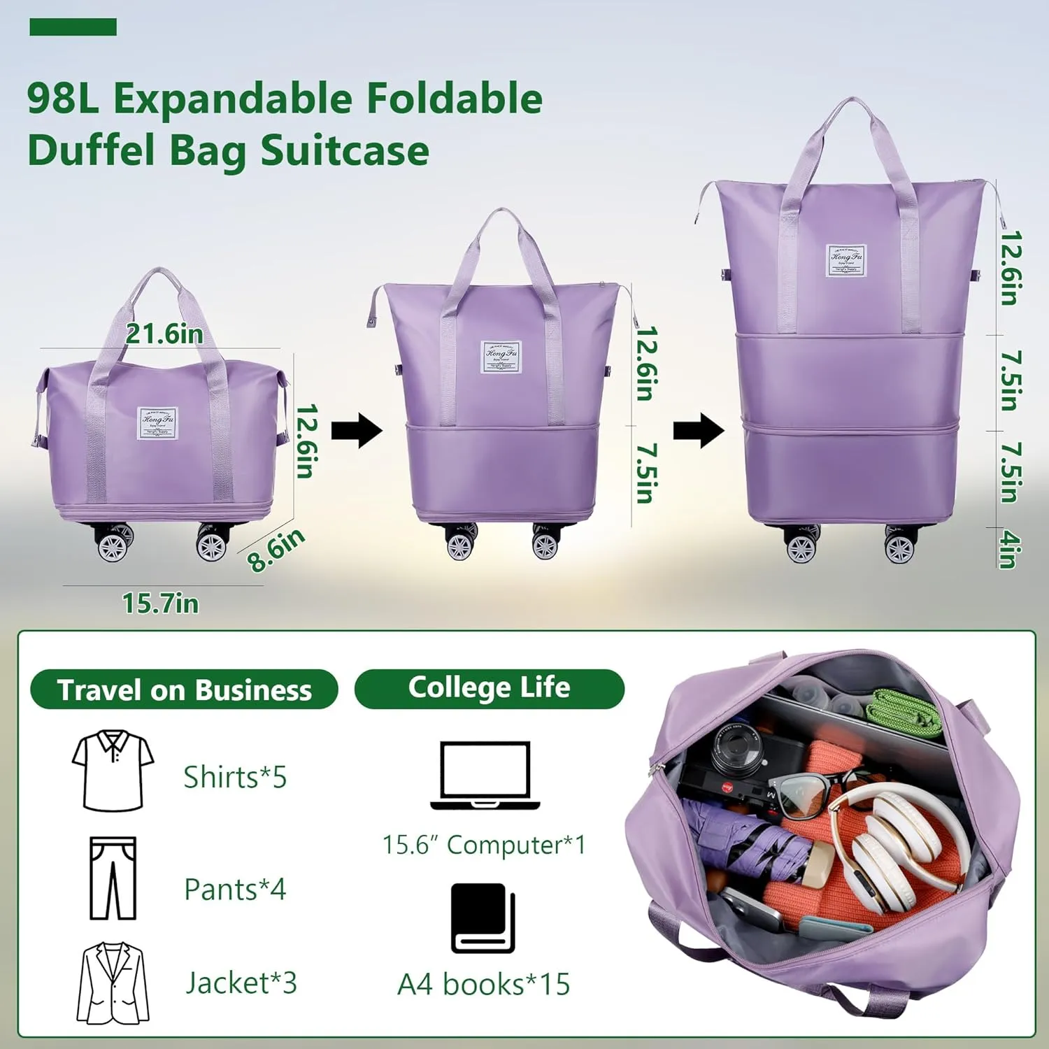 Expandable Suitcase, Folding Travel Bag with Wheels, Weekender Travel Bag for Carry-On, Tote Bag with Storage SpaceLarge luggage bag for Business Trips, Camping, Short Trips, Fitness