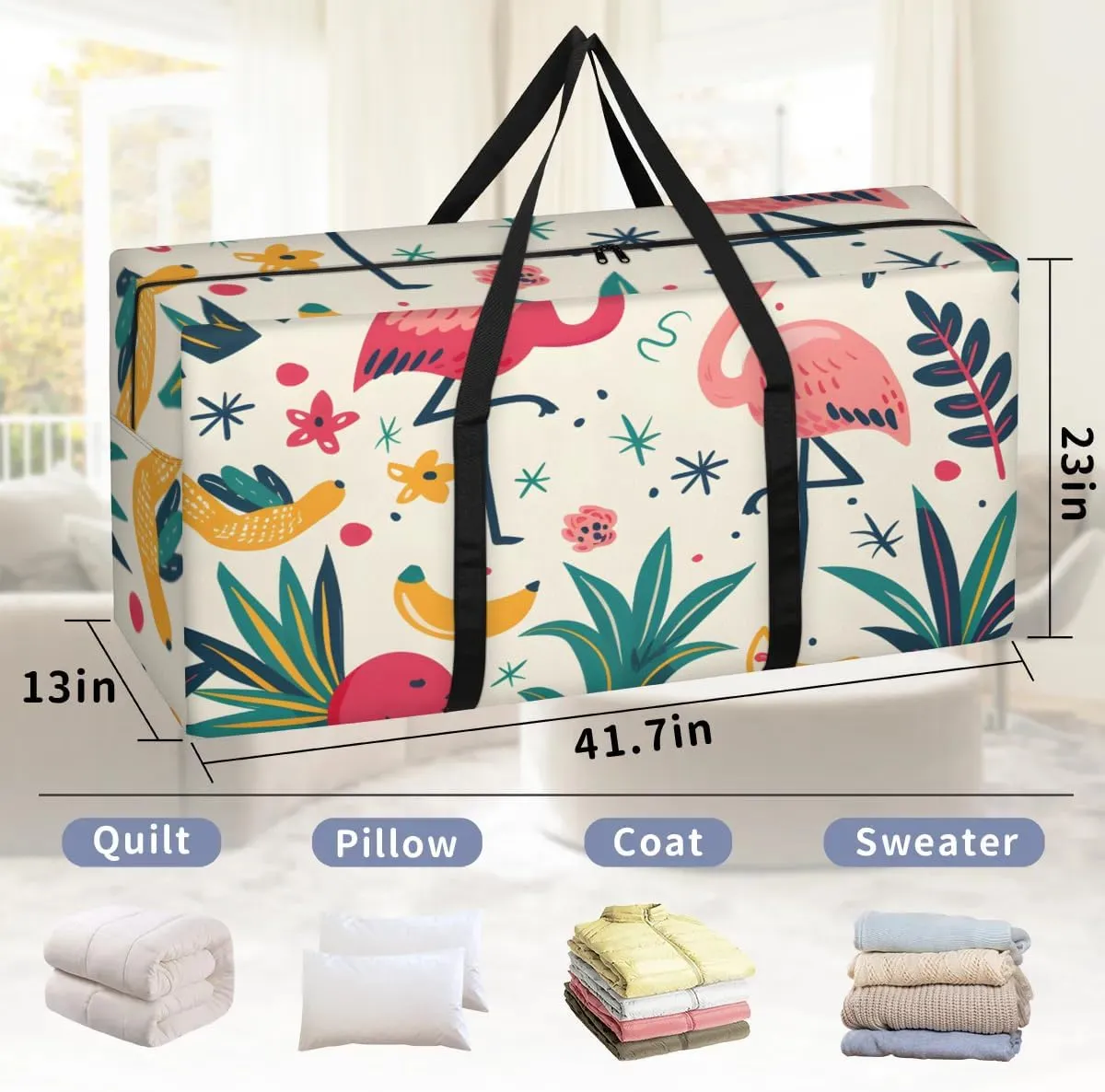 Extra Large Moving Bags Cartoon Flamingos Storage Bags with Handles and Zippers Large Packing Bags for Space Saving Storage Totes Moving Supplies