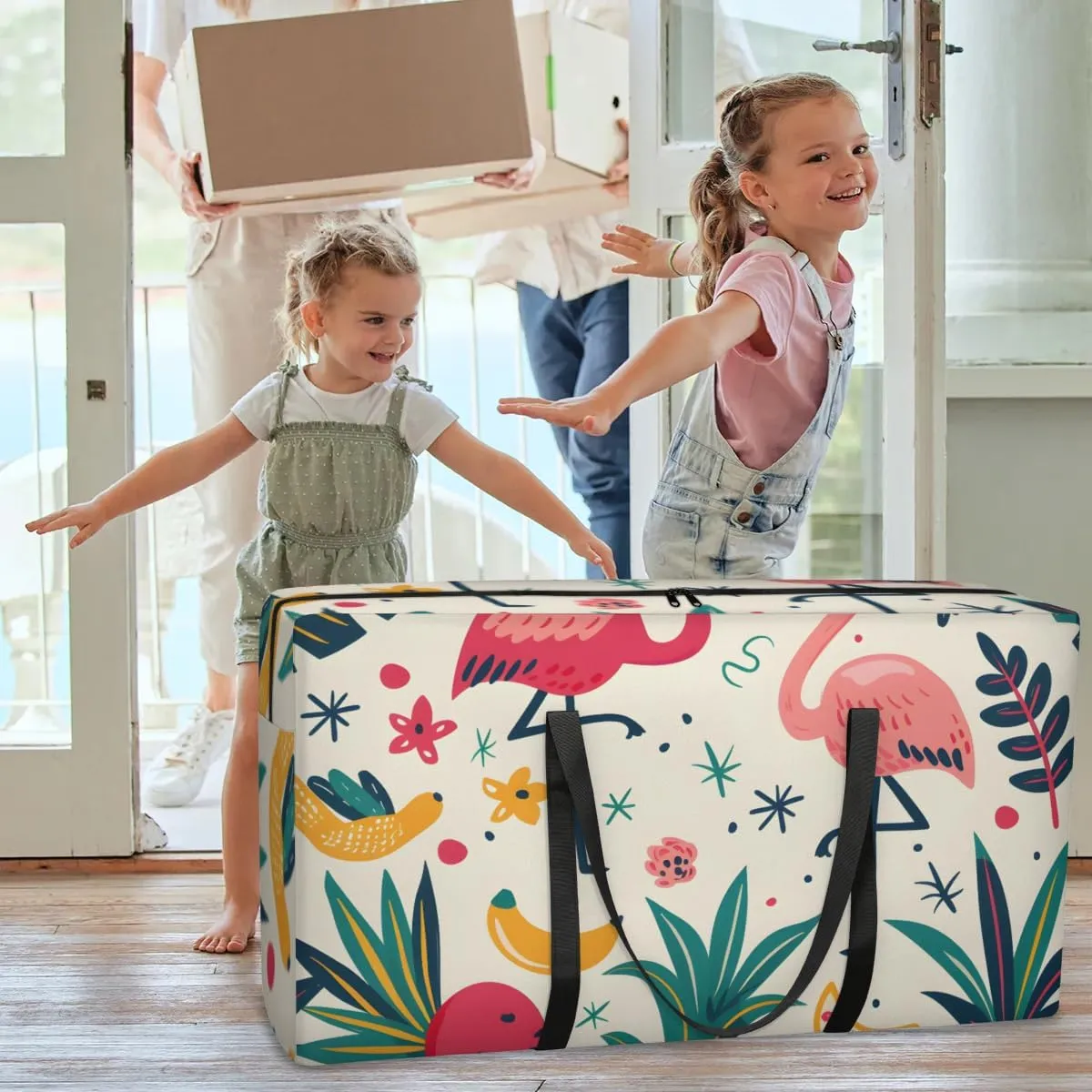 Extra Large Moving Bags Cartoon Flamingos Storage Bags with Handles and Zippers Large Packing Bags for Space Saving Storage Totes Moving Supplies