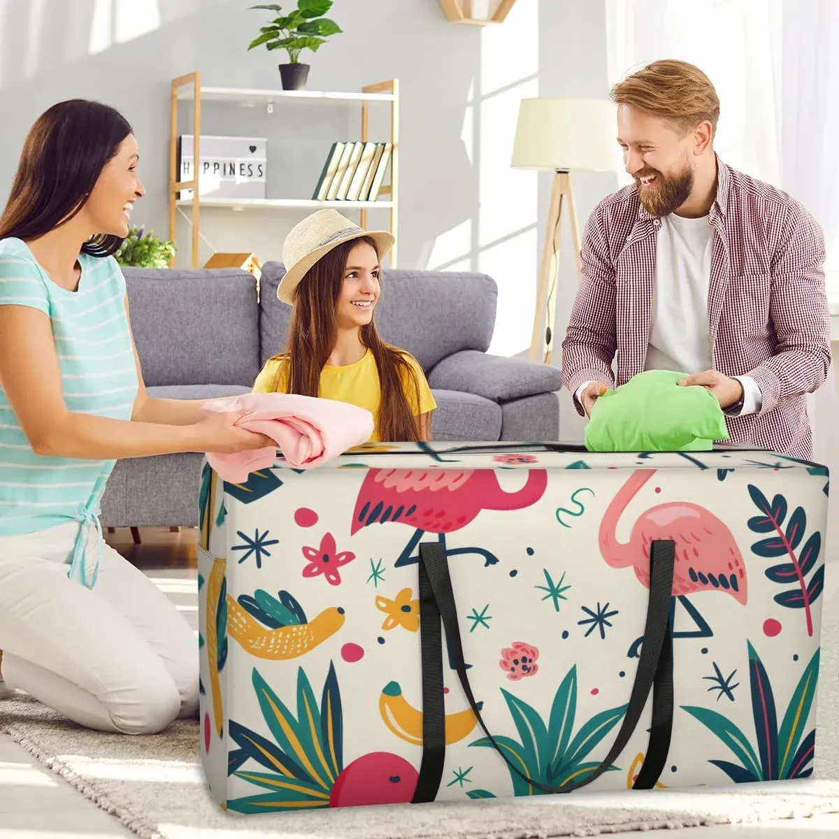 Extra Large Moving Bags Cartoon Flamingos Storage Bags with Handles and Zippers Large Packing Bags for Space Saving Storage Totes Moving Supplies