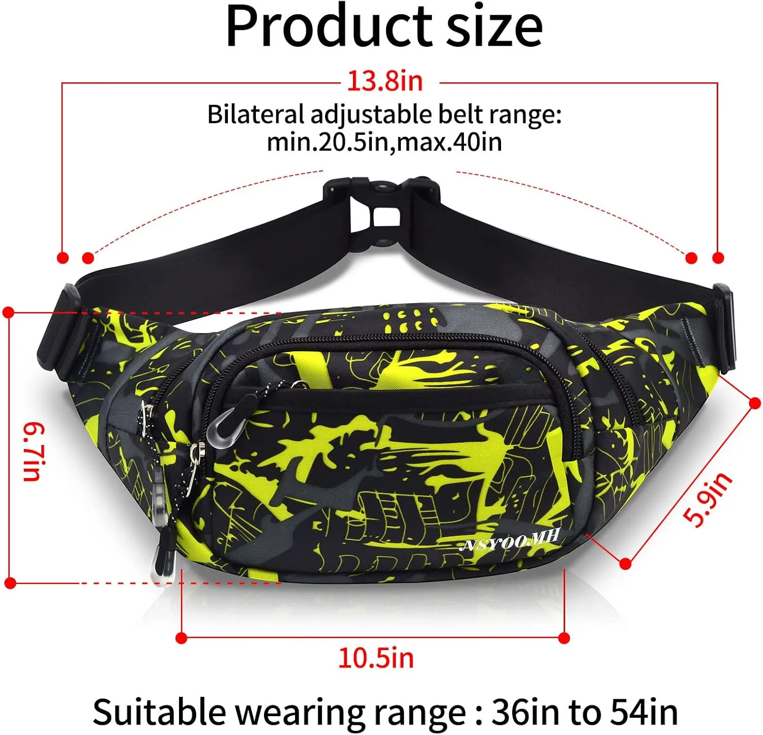 Fanny Packs for Women & Men, 5-Zipper Pockets Waist Bag, Belt Bag for Running Cycling Travel Walking Hiking Fishing Camping (Green)