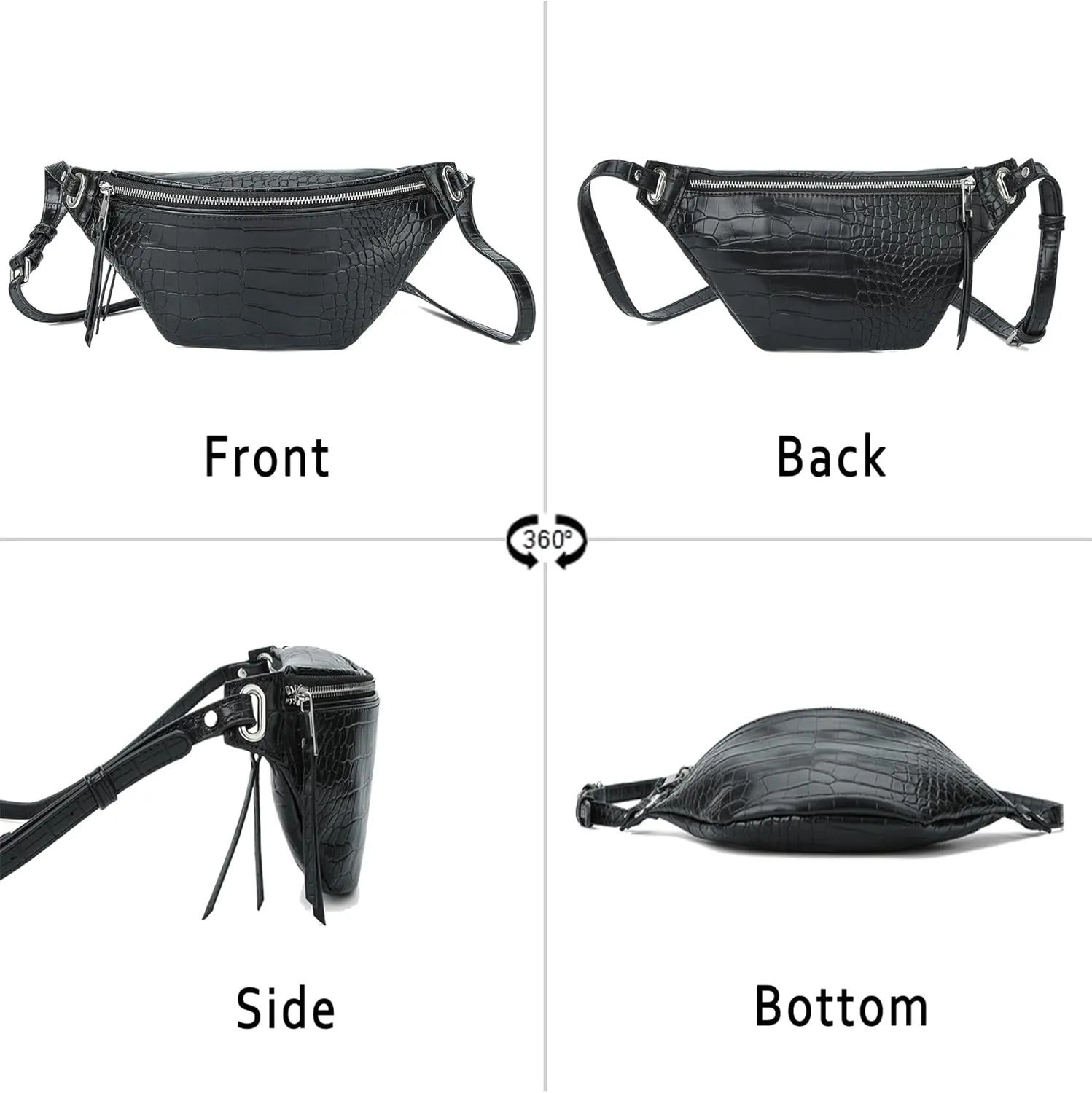 Fashion Waist Pack for Women Men Embossed Croc Leather Fanny Pack Crossbody Bags Waist Belt Bag for Travel Hiking Cycling Black