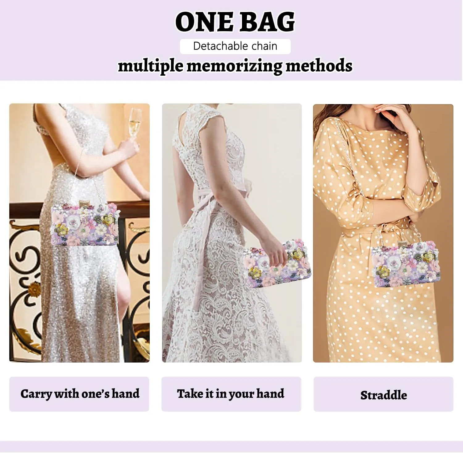 Fecialy Women's Floral Evening Handbags Colorful Rhinestone Clutch Purses Floral Bride Wedding Handbag Chain Shoulder Bag