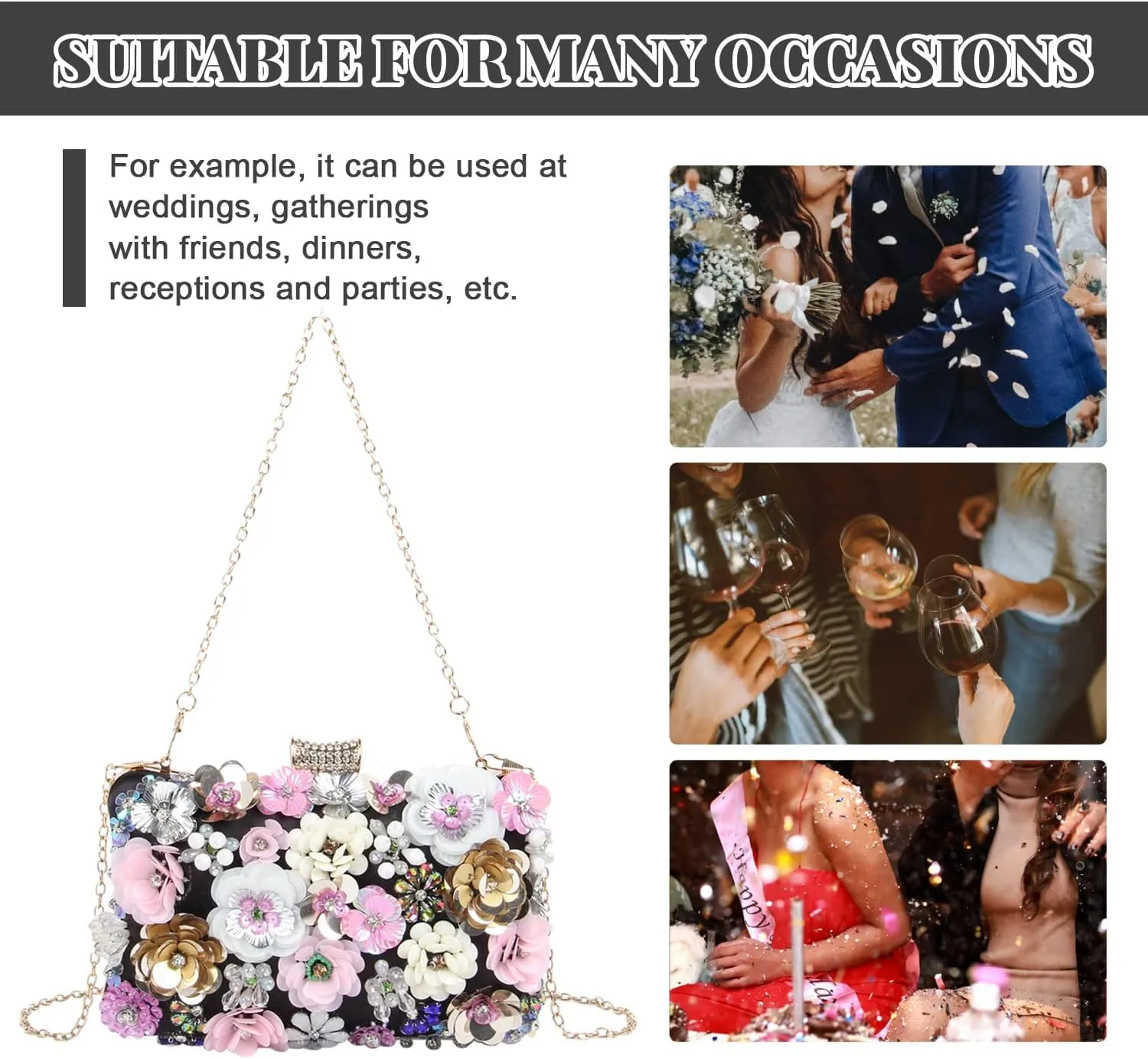 Fecialy Women's Floral Evening Handbags Colorful Rhinestone Clutch Purses Floral Bride Wedding Handbag Chain Shoulder Bag