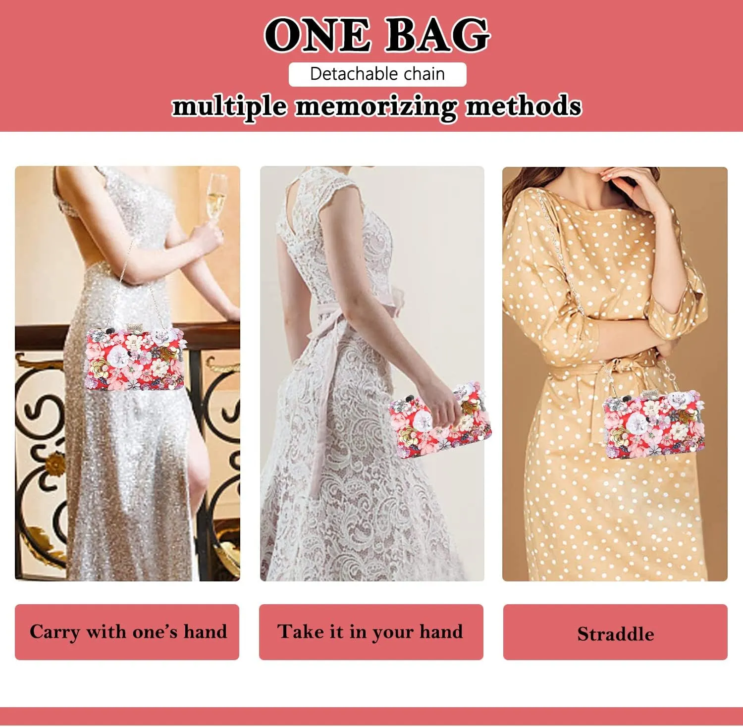 Fecialy Women's Floral Evening Handbags Colorful Rhinestone Clutch Purses Floral Bride Wedding Handbag Chain Shoulder Bag