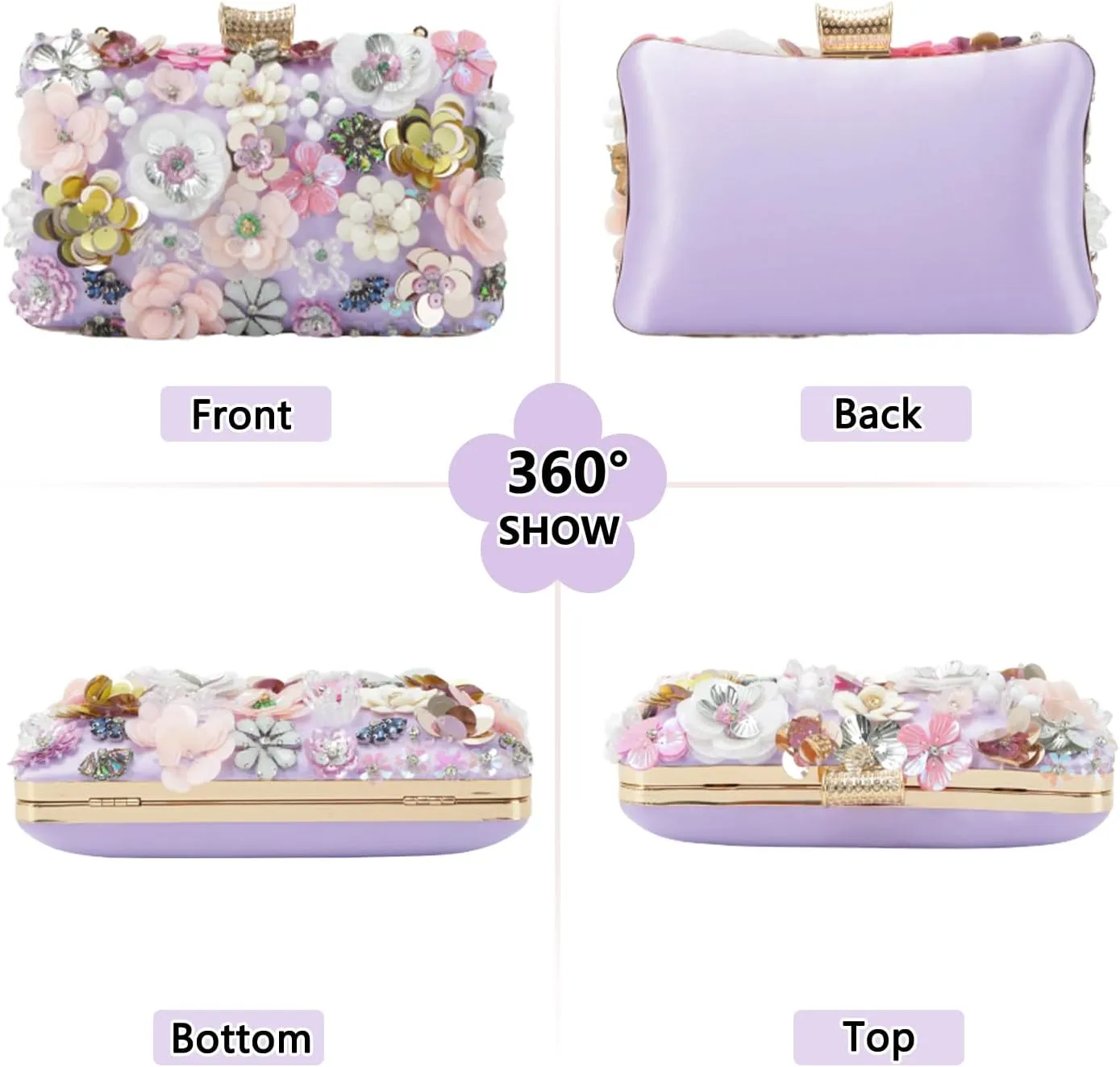 Fecialy Women's Floral Evening Handbags Colorful Rhinestone Clutch Purses Floral Bride Wedding Handbag Chain Shoulder Bag