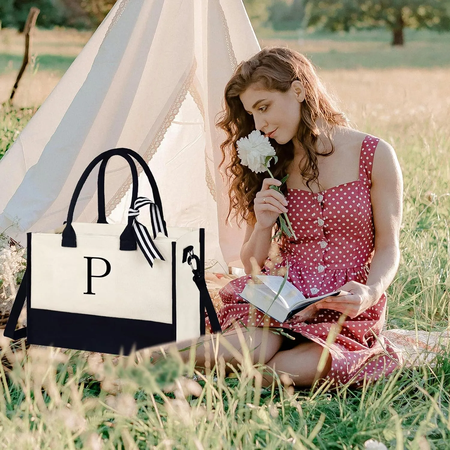 Fmeida Initial Canvas Tote Bag - Personalized Birthday Gifts for Women Travel Totes with Adjustable Strap Reusable Beach Bag
