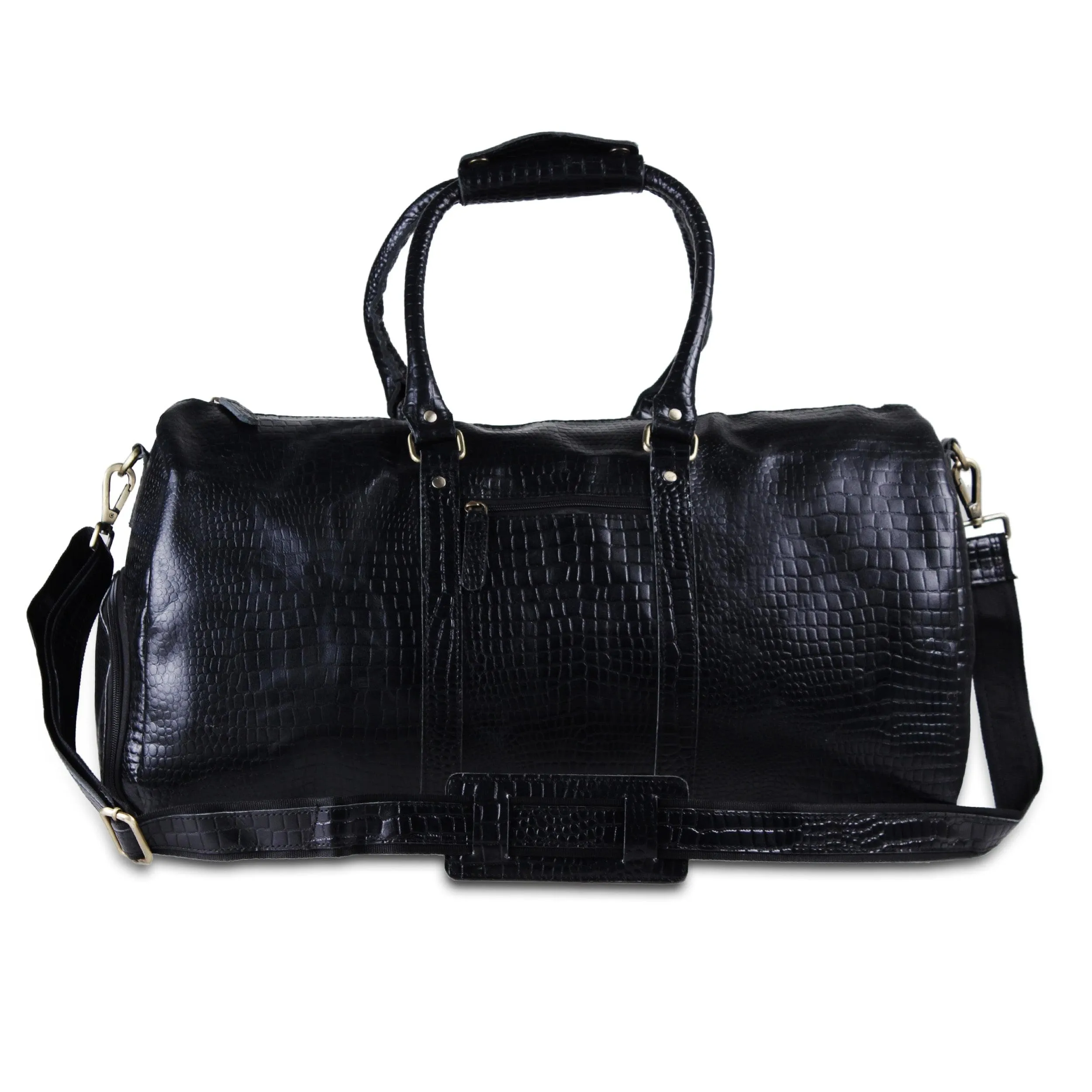 Genuine Black Leather Crocodile Textured Duffle Bag