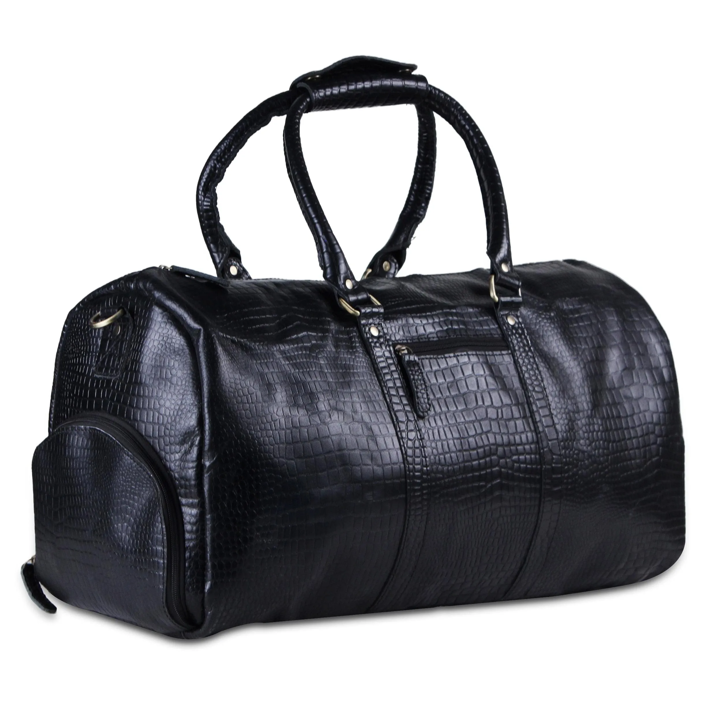 Genuine Black Leather Crocodile Textured Duffle Bag
